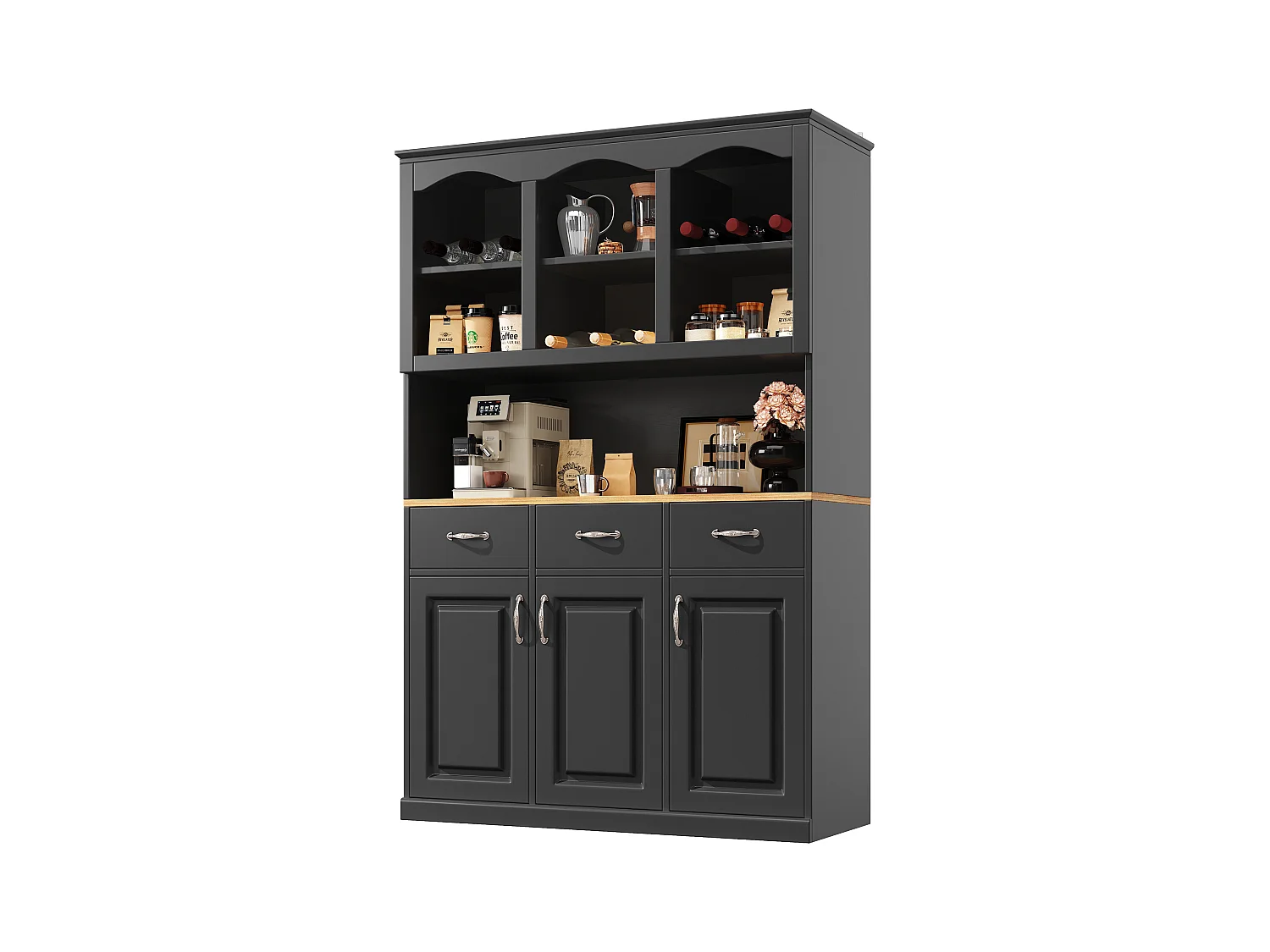 Buffet de cuisine haut avec 3 portes + 3 tiroirs + Leds - 120 x 40 x 180 - MDF - noir