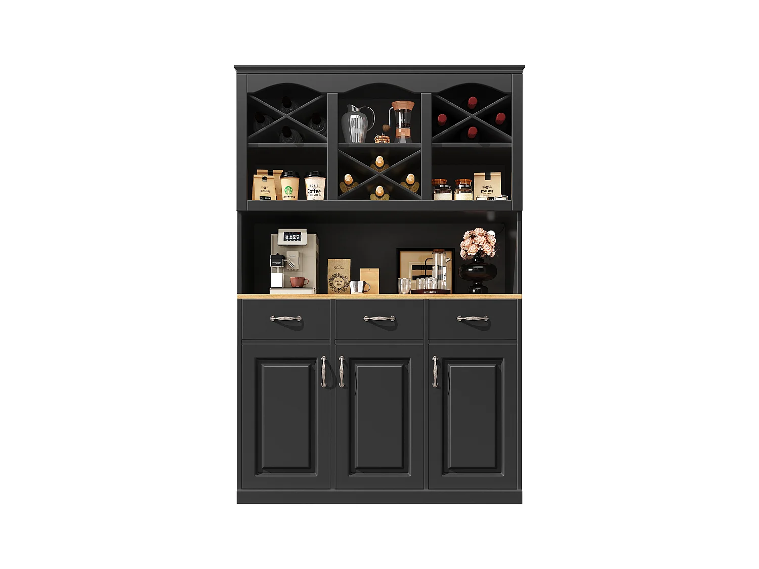 Buffet de cuisine haut avec 3 portes + 3 tiroirs + Leds - 120 x 40 x 180 - MDF - noir