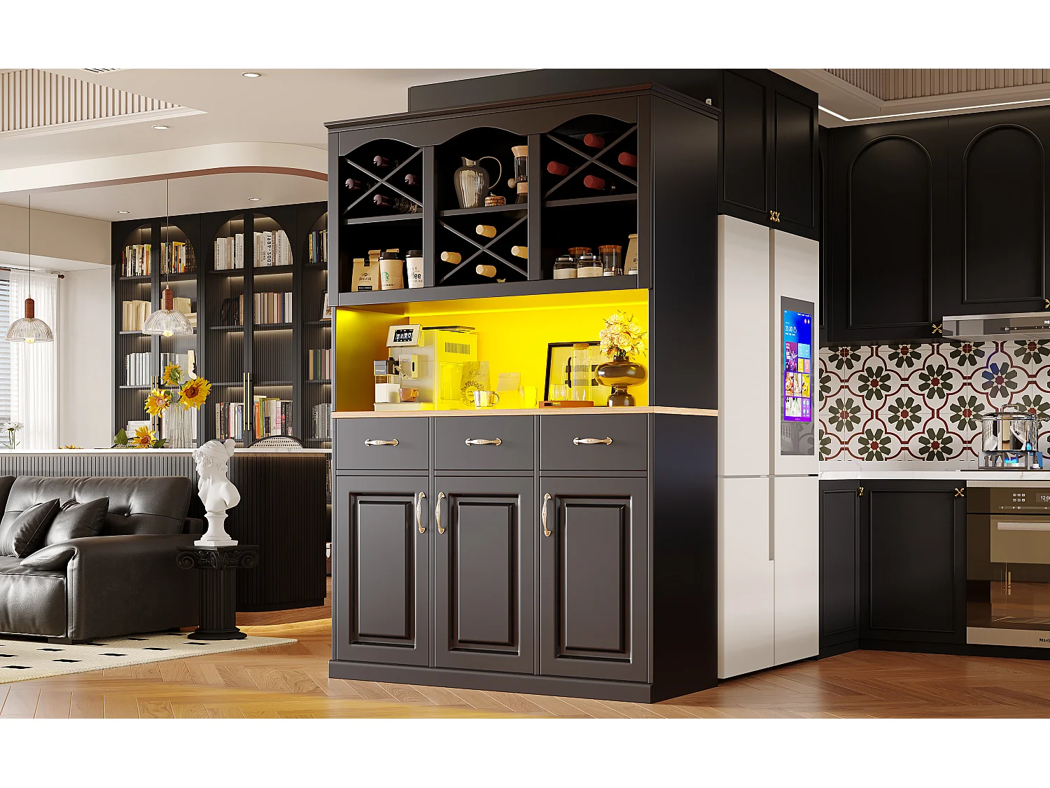 Buffet de cuisine haut avec 3 portes + 3 tiroirs + Leds - 120 x 40 x 180 - MDF - noir