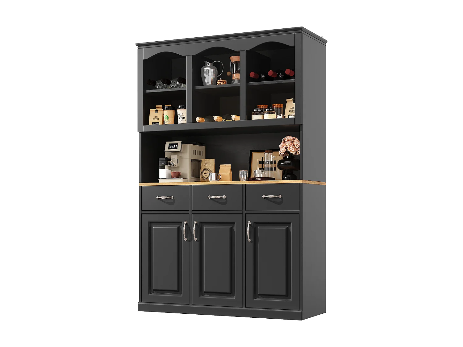 Buffet de cuisine haut avec 3 portes + 3 tiroirs + Leds - 120 x 40 x 180 - MDF - noir