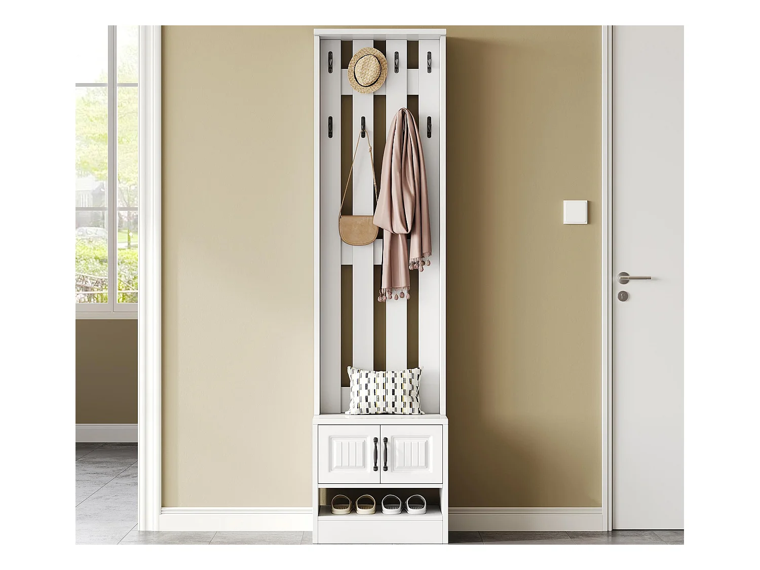 Conjunto de vestidor de entrada 50x36x190 cm - con 2 puertas - con 8 ganchos y banco para calzado - Blanco