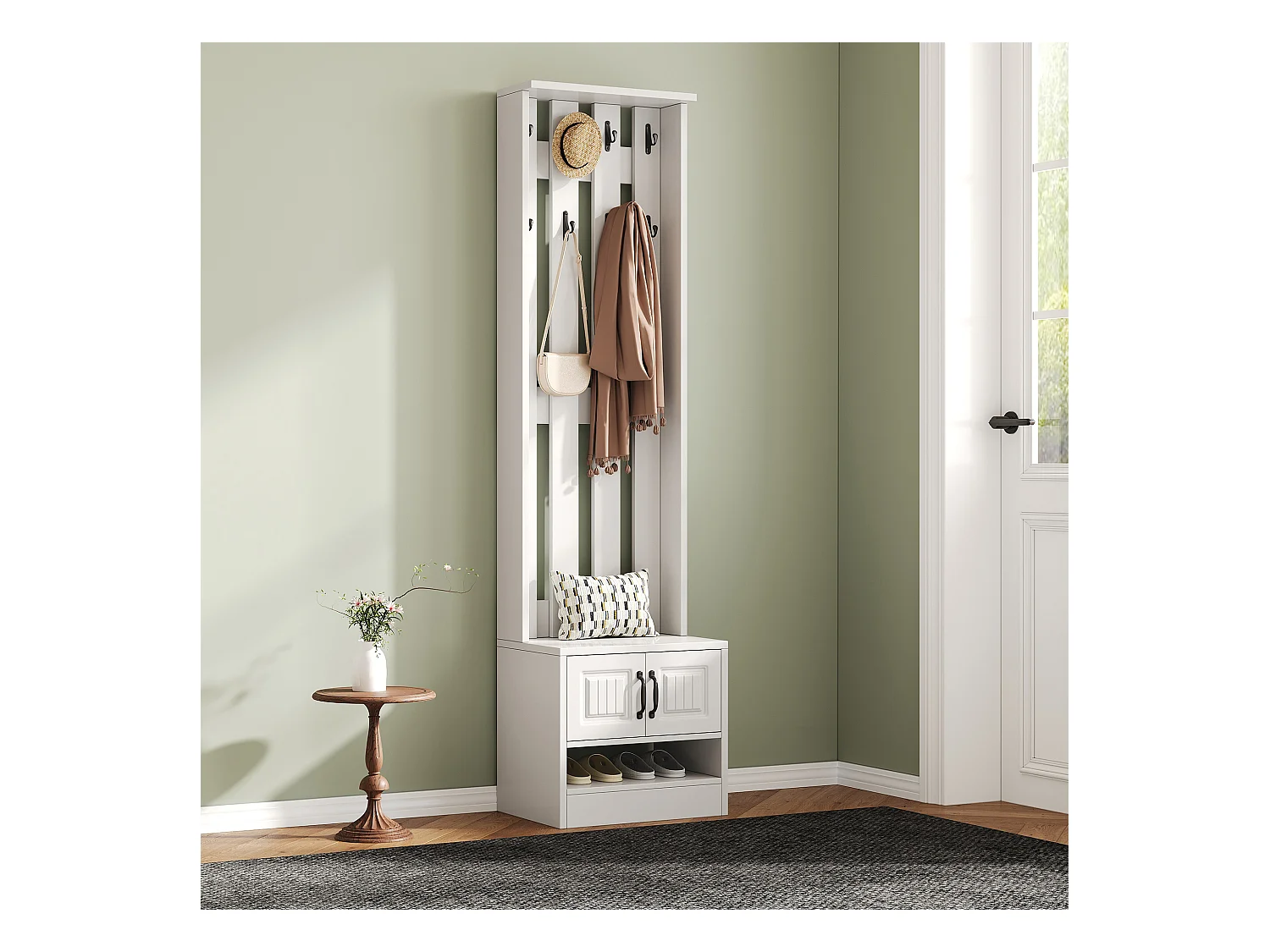 Conjunto de vestidor de entrada 50x36x190 cm - con 2 puertas - con 8 ganchos y banco para calzado - Blanco