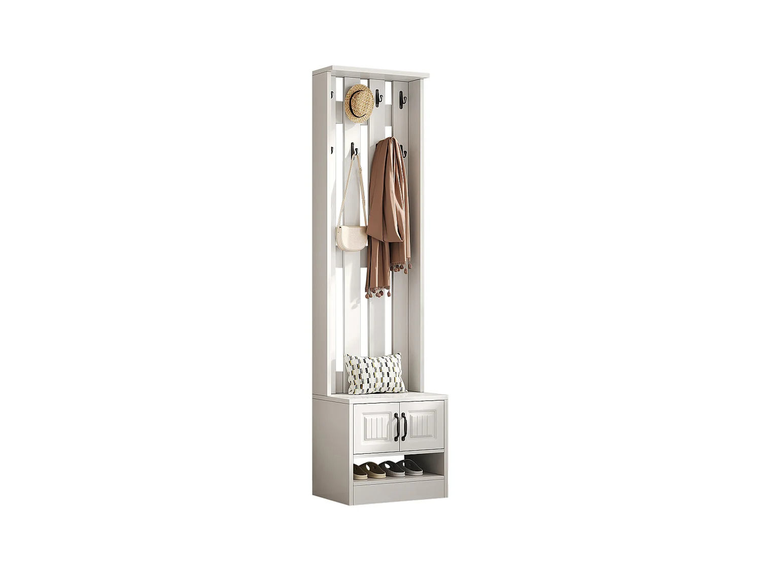 Conjunto de vestidor de entrada 50x36x190 cm - con 2 puertas - con 8 ganchos y banco para calzado - Blanco