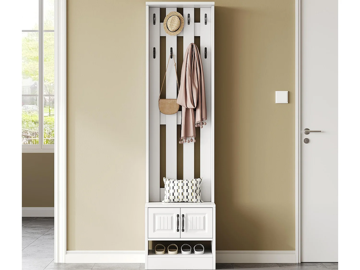 Garderoben-Set 50x36x190 cm - mit 2 Türen - mit 8 Haken und Schuhbank - Weiß