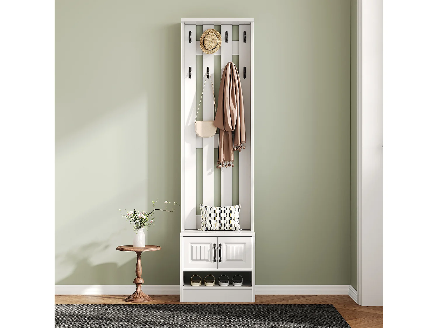 Garderoben-Set 50x36x190 cm - mit 2 Türen - mit 8 Haken und Schuhbank - Weiß