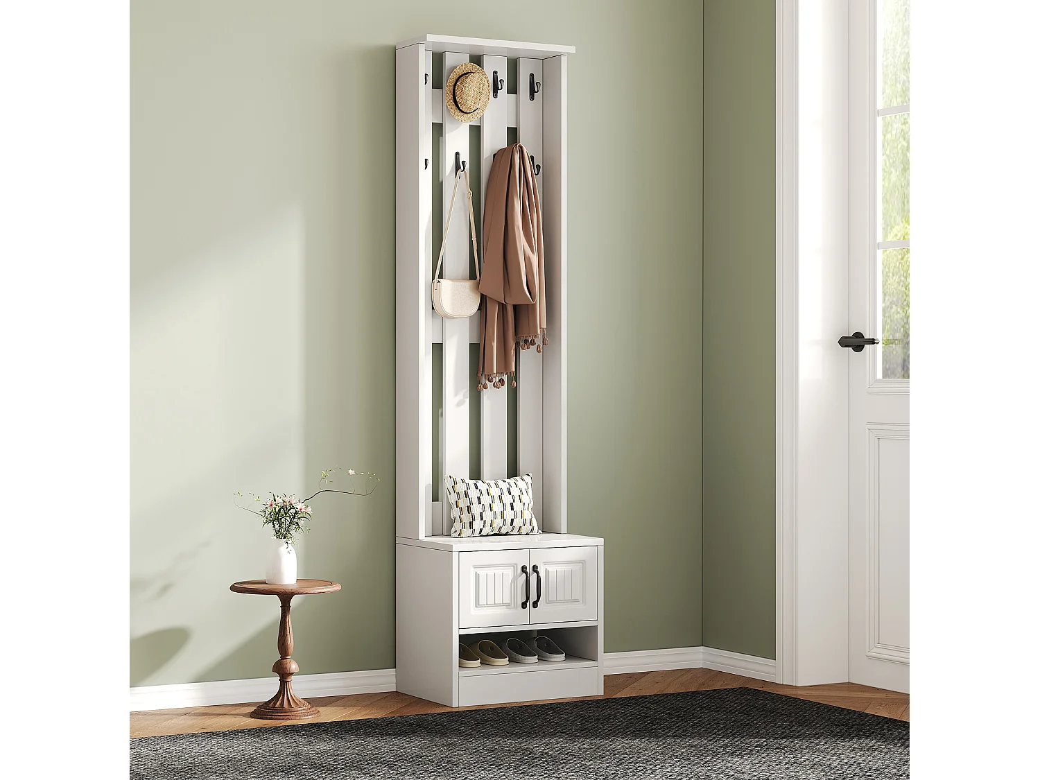 Garderoben-Set 50x36x190 cm - mit 2 Türen - mit 8 Haken und Schuhbank - Weiß