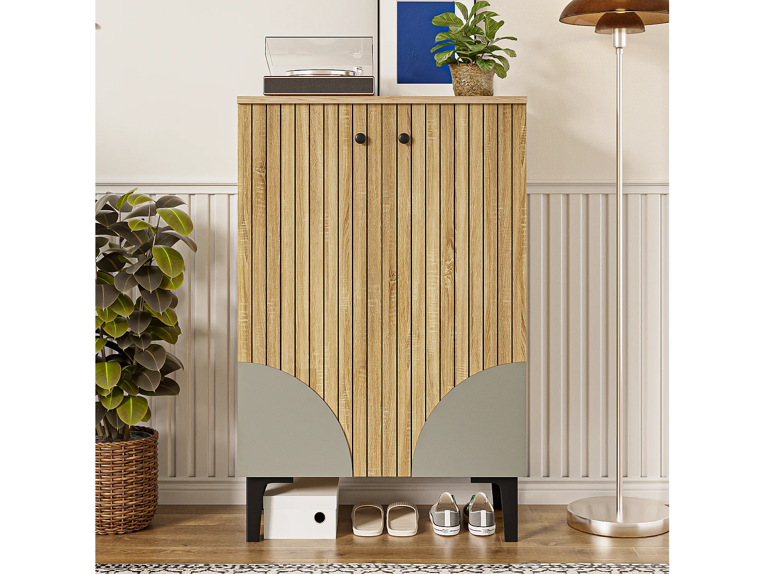 Meuble à chaussures en bois avec 2 portes - 600 x 32 x 94 cm - pour couloir - MDF + aggloméré - naturel