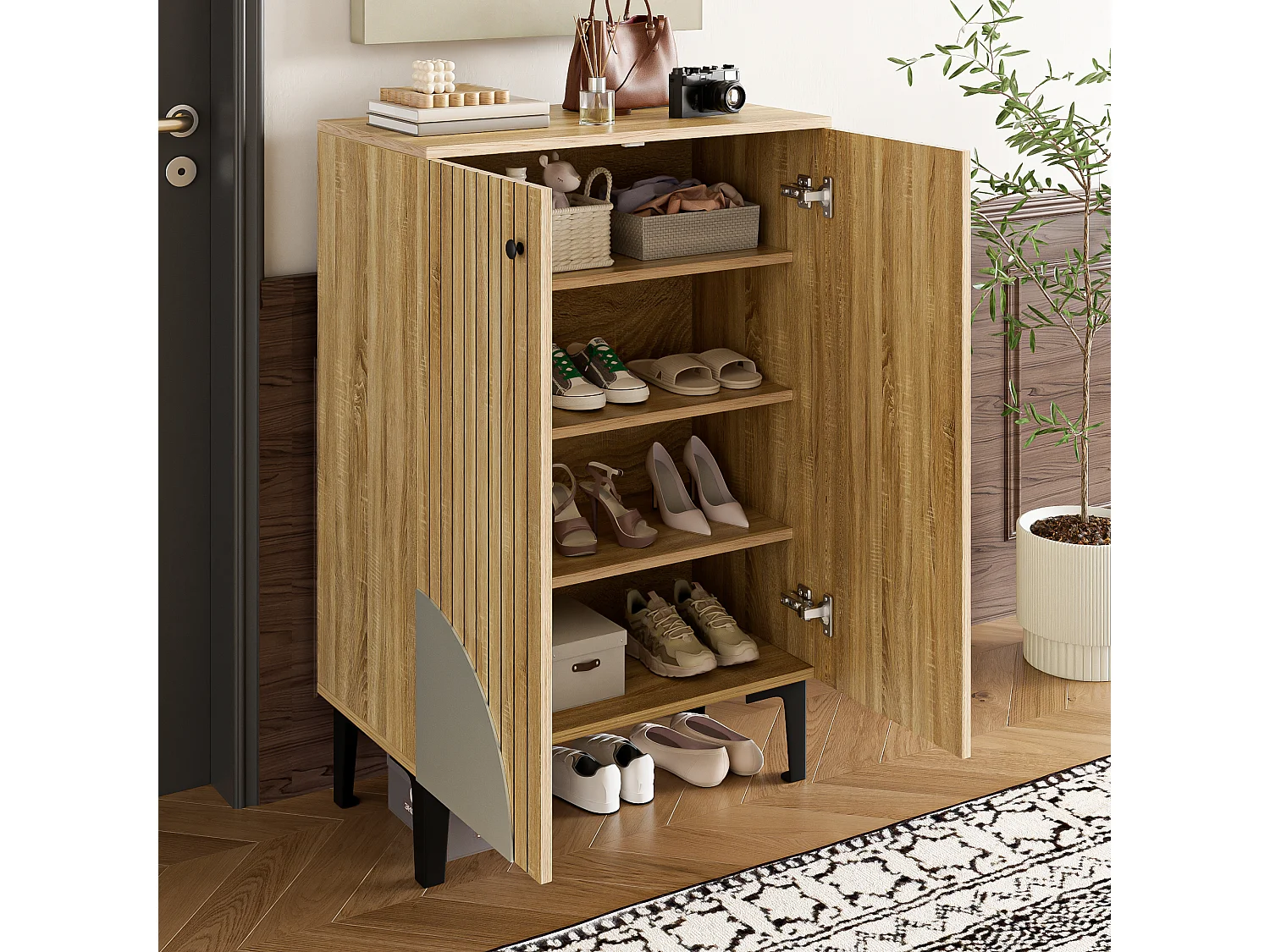 Meuble à chaussures en bois avec 2 portes - 600 x 32 x 94 cm - pour couloir - MDF + aggloméré - naturel