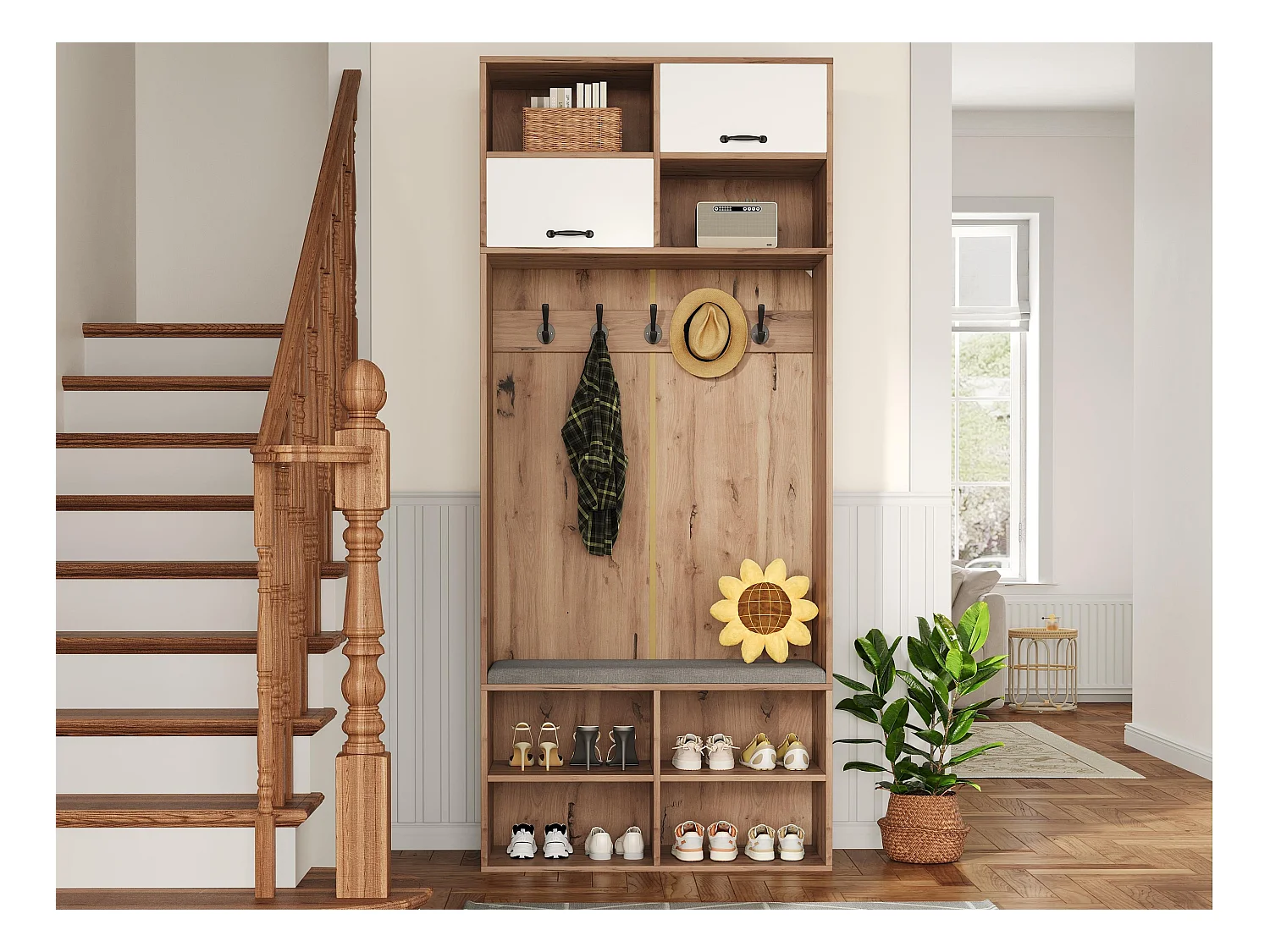 Vestiaire d'entrée moderne 80x30x185cm - avec 5 crochets et 2 portes - 6 espaces de rangement ouverts - Naturel