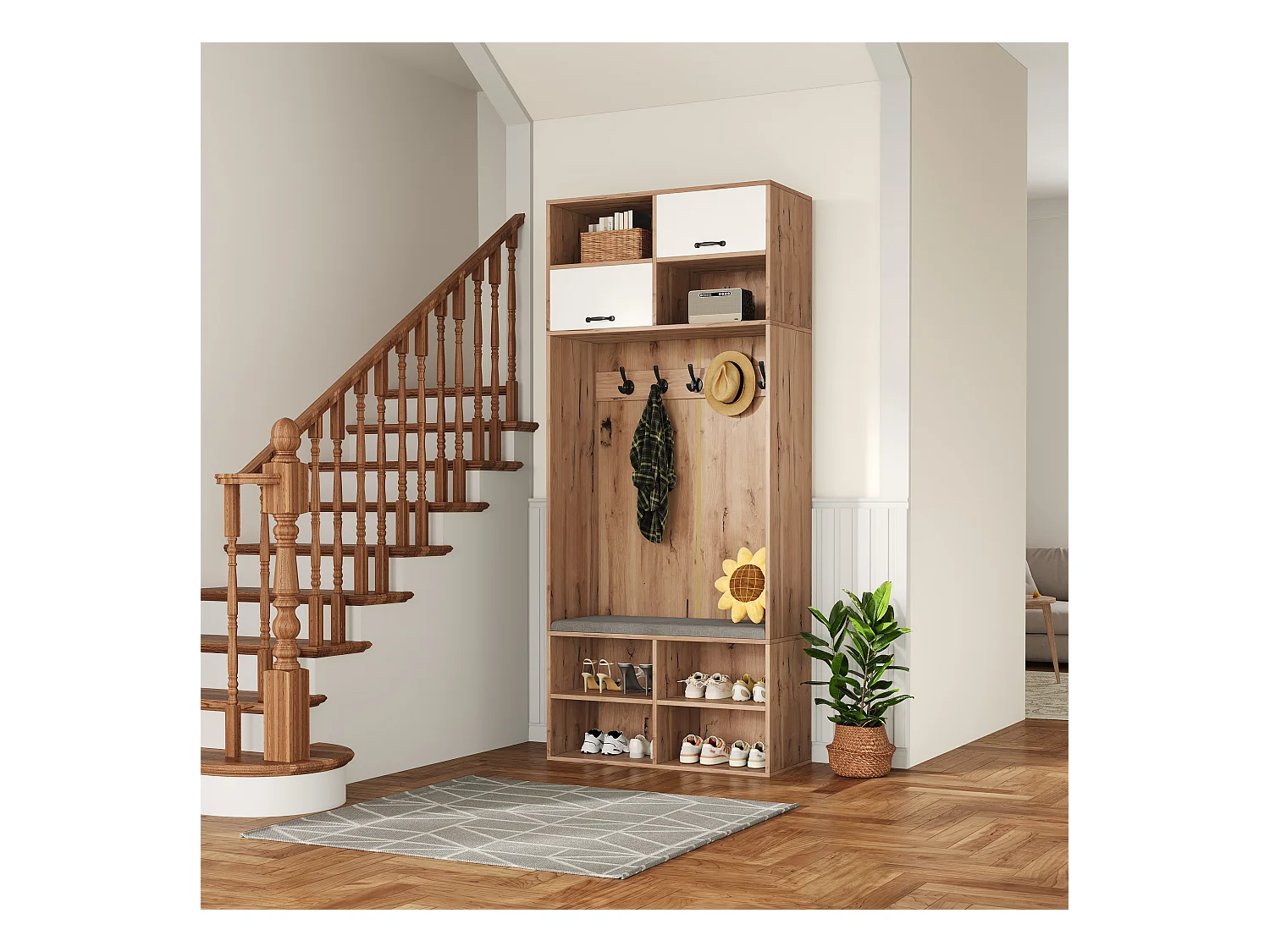 Vestiaire d'entrée moderne 80x30x185cm - avec 5 crochets et 2 portes - 6 espaces de rangement ouverts - Naturel