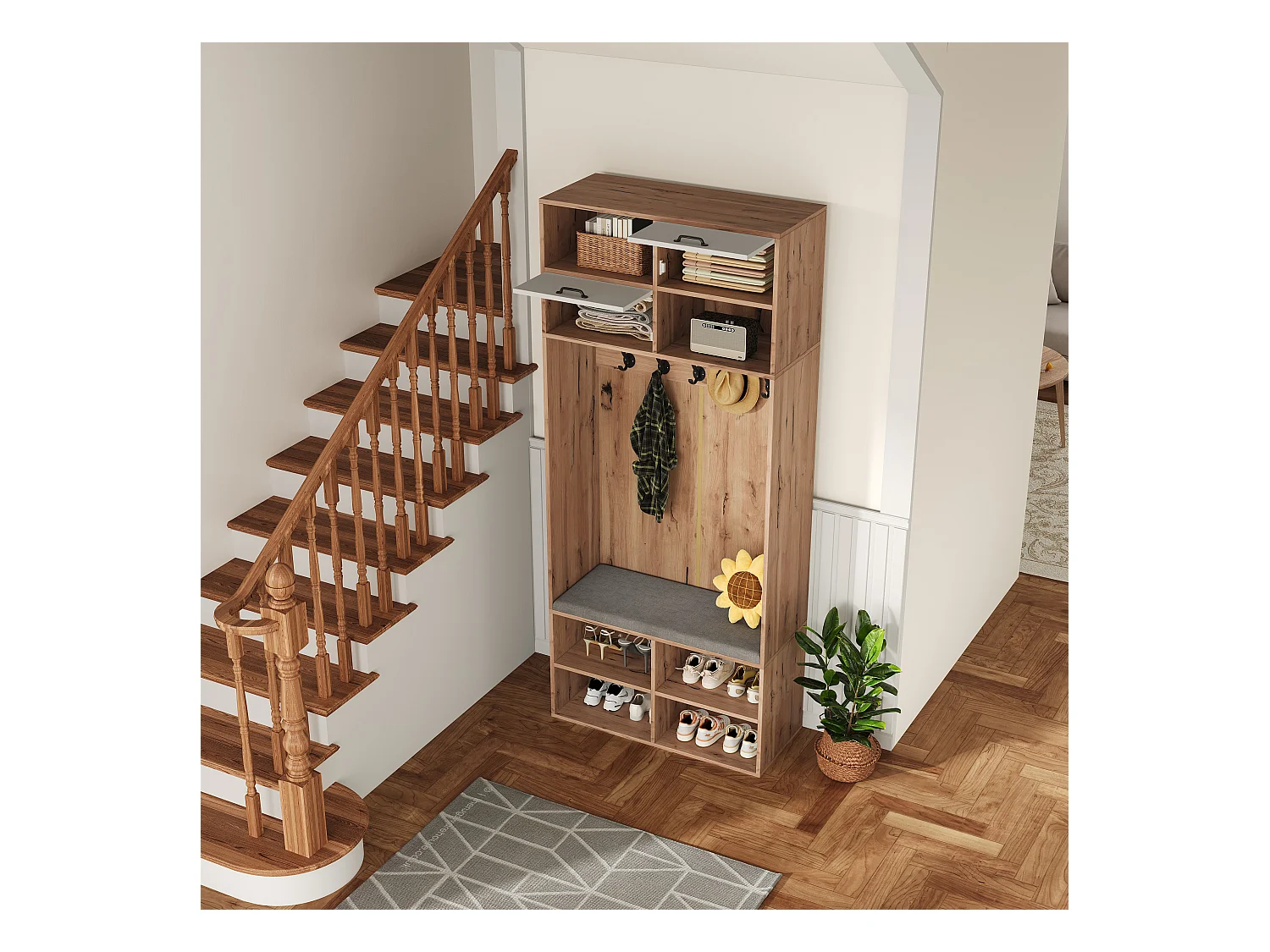 Vestiaire d'entrée moderne 80x30x185cm - avec 5 crochets et 2 portes - 6 espaces de rangement ouverts - Naturel