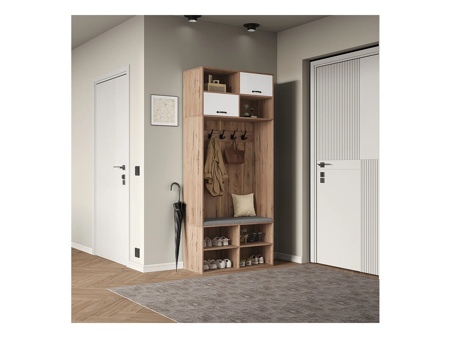 Vestiaire d'entrée moderne 80x30x185cm - avec 5 crochets et 2 portes - 6 espaces de rangement ouverts - Naturel