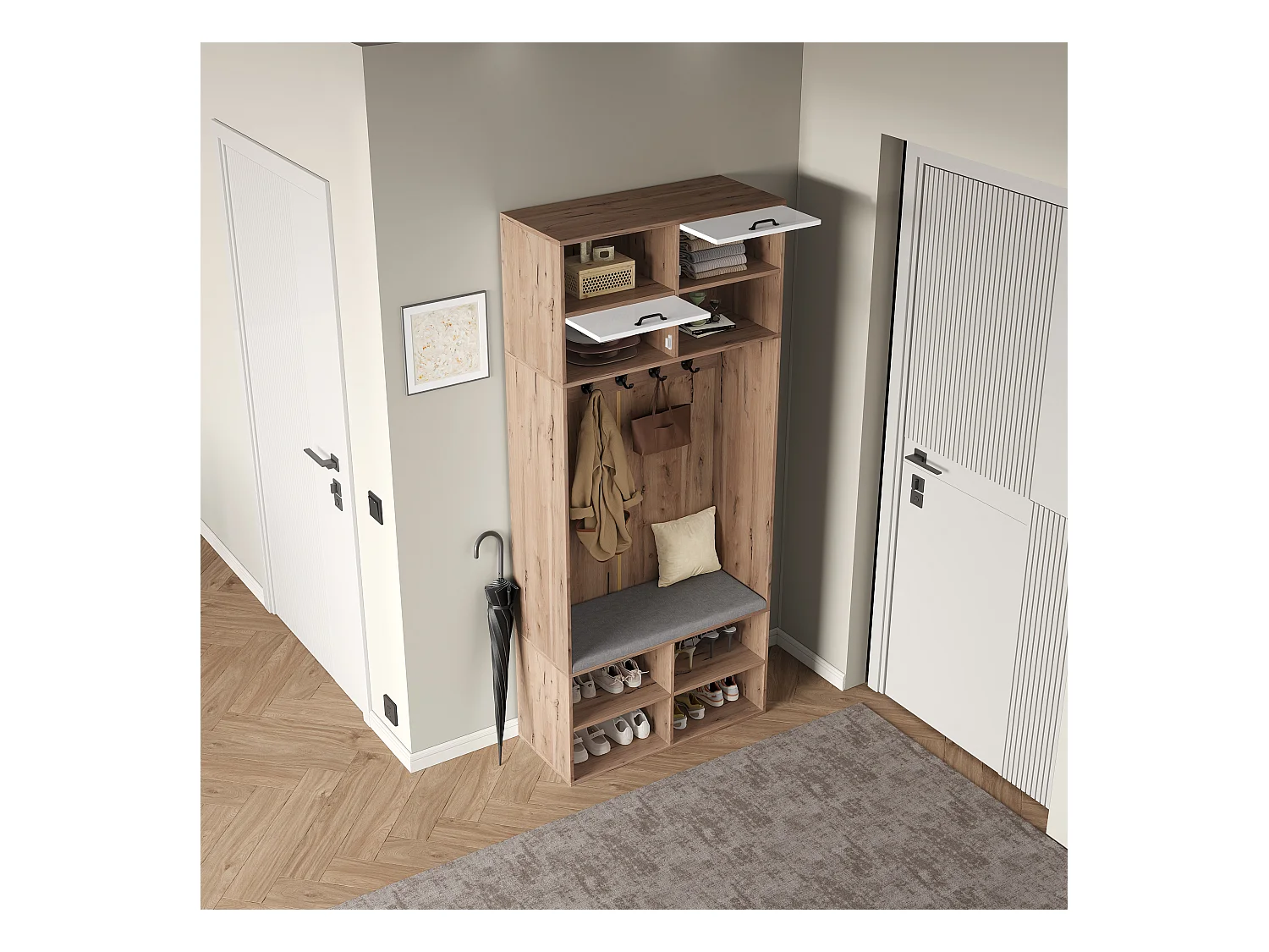 Vestiaire d'entrée moderne 80x30x185cm - avec 5 crochets et 2 portes - 6 espaces de rangement ouverts - Naturel