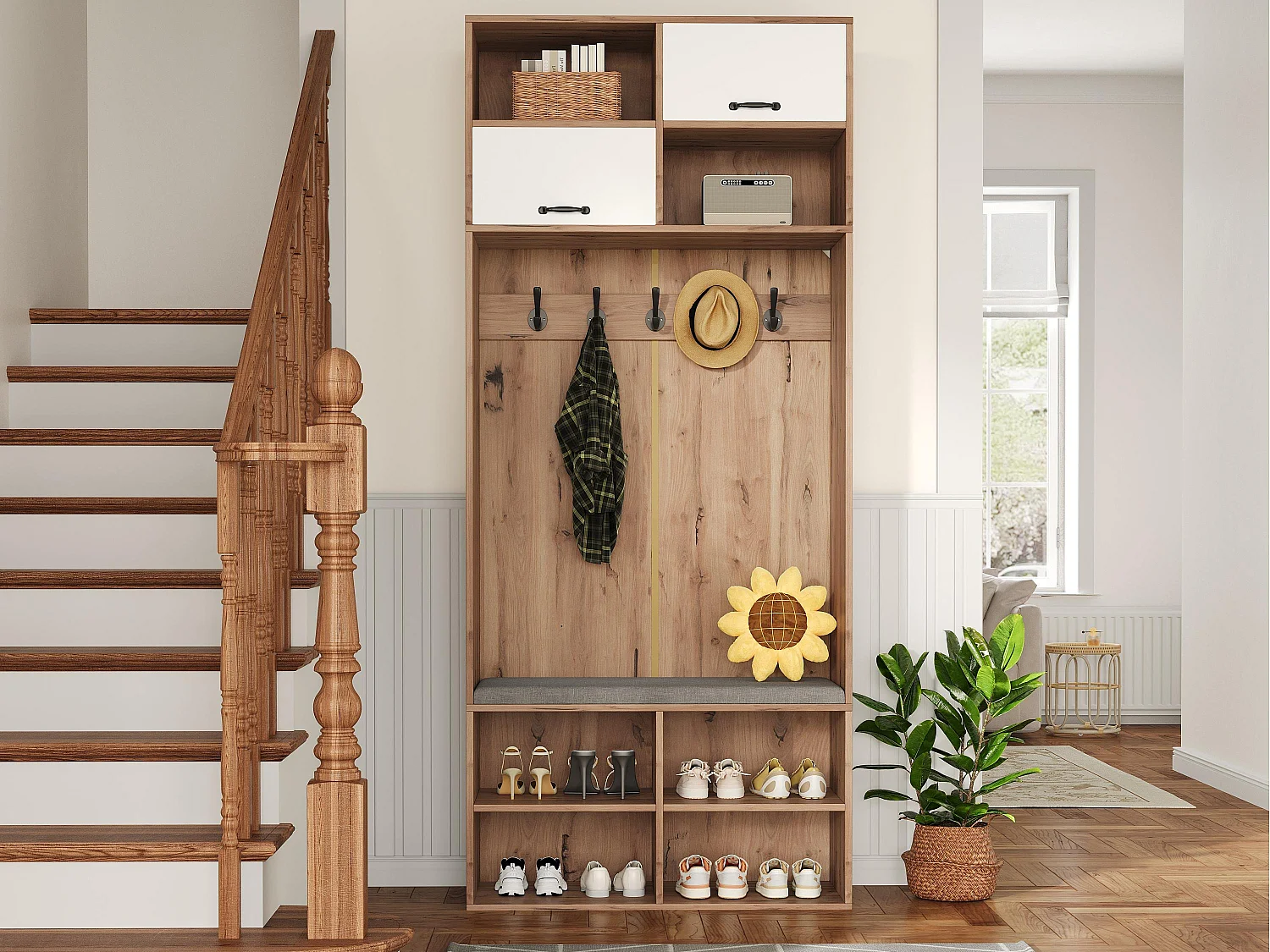Moderne Garderobe 80x30x185 cm - mit 5 Haken und 2 Türen - 6 offene Ablagefächer - Natur