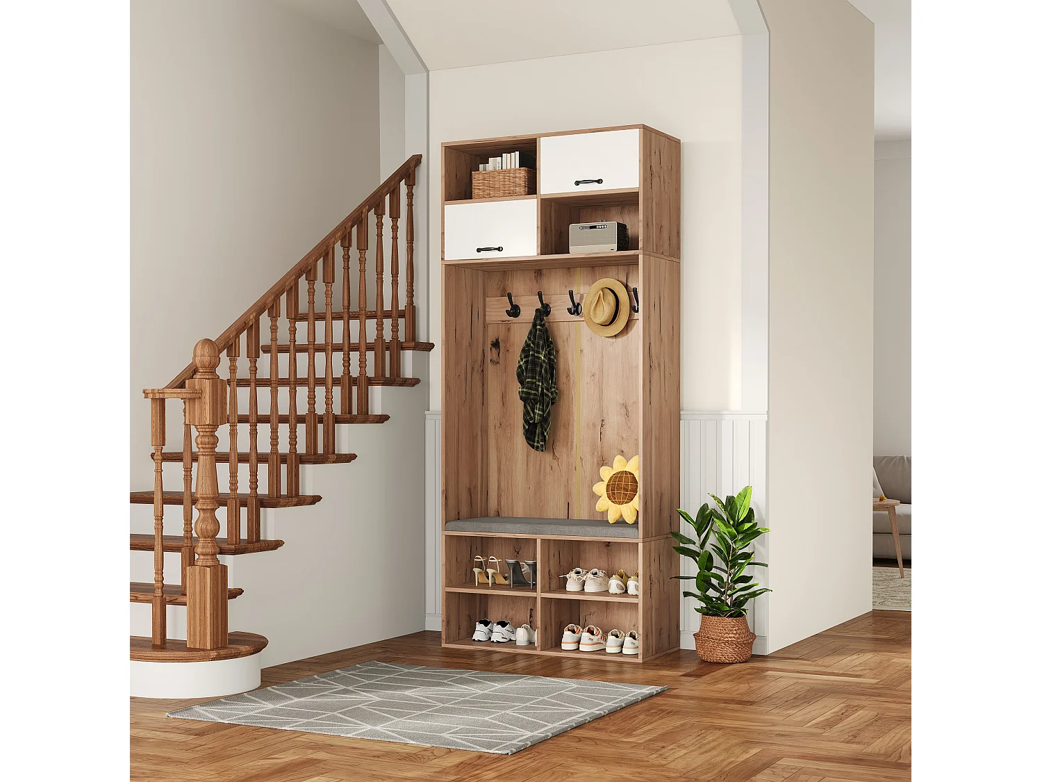 Moderne Garderobe 80x30x185 cm - mit 5 Haken und 2 Türen - 6 offene Ablagefächer - Natur