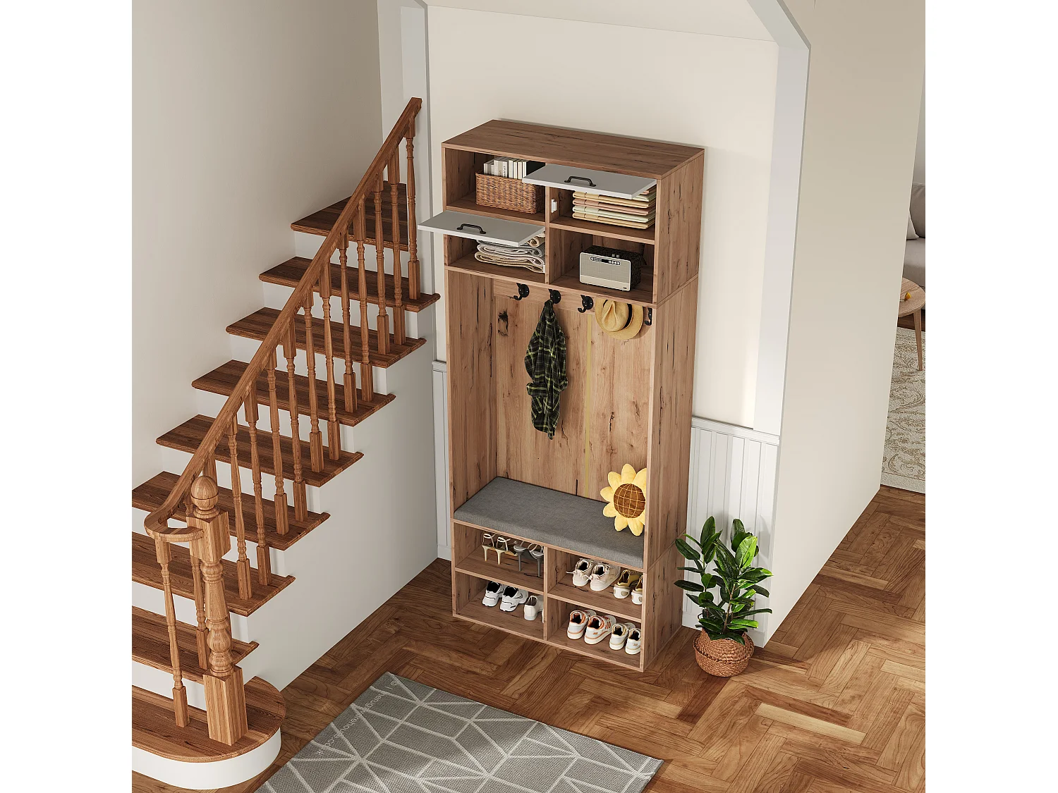 Moderne Garderobe 80x30x185 cm - mit 5 Haken und 2 Türen - 6 offene Ablagefächer - Natur