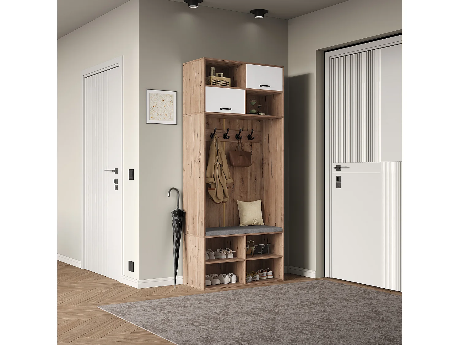 Moderne Garderobe 80x30x185 cm - mit 5 Haken und 2 Türen - 6 offene Ablagefächer - Natur