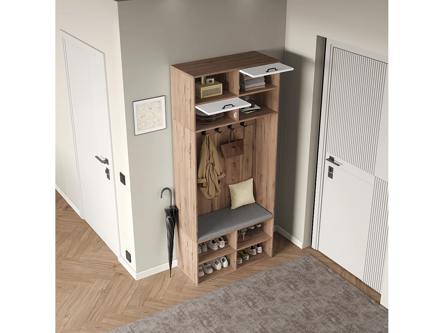 Moderne Garderobe 80x30x185 cm - mit 5 Haken und 2 Türen - 6 offene Ablagefächer - Natur