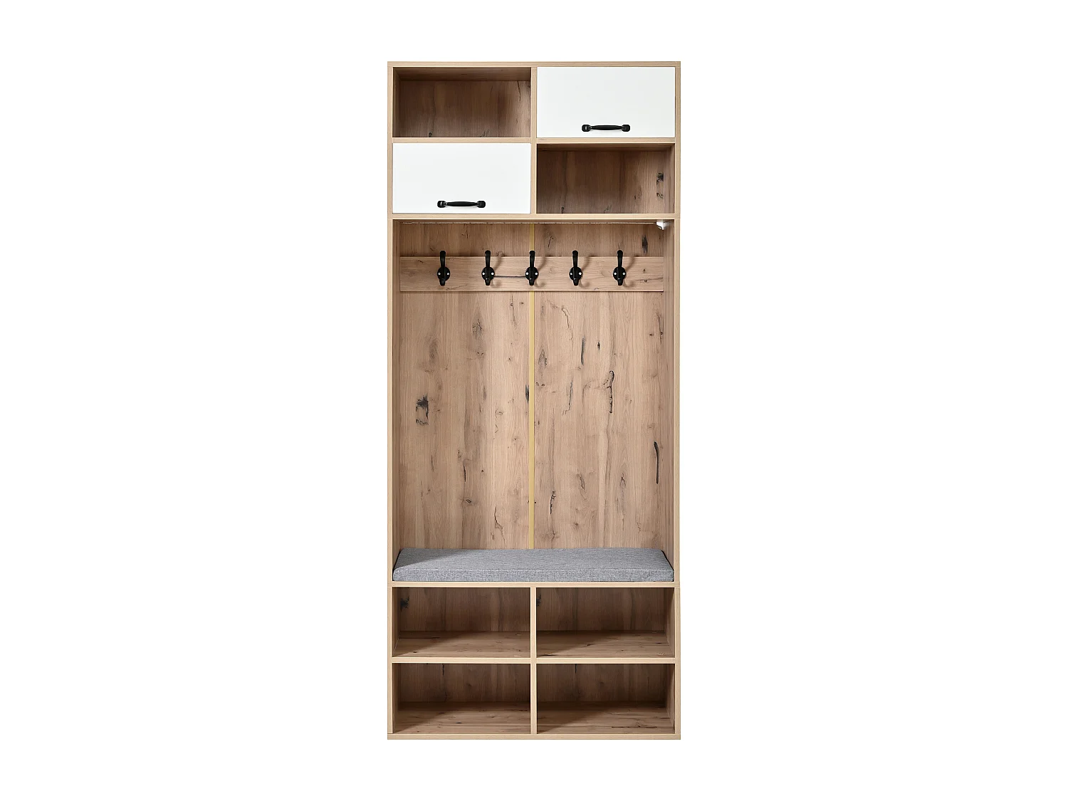 Moderne Garderobe 80x30x185 cm - mit 5 Haken und 2 Türen - 6 offene Ablagefächer - Natur