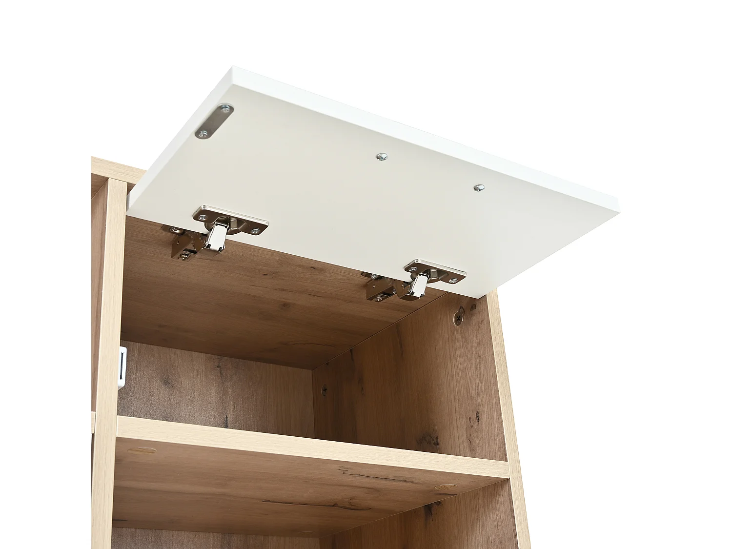 Moderne Garderobe 80x30x185 cm - mit 5 Haken und 2 Türen - 6 offene Ablagefächer - Natur