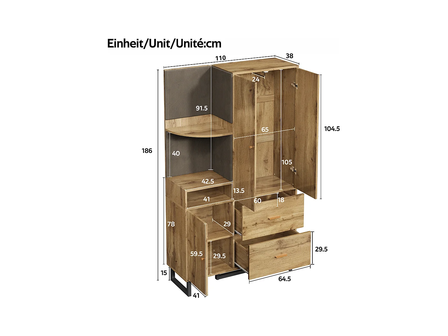 Vestiaire/armoires de couloir avec étagère + 2 tiroirs + 3 portes - 110 x 38 x 186 cm - MDF - naturel