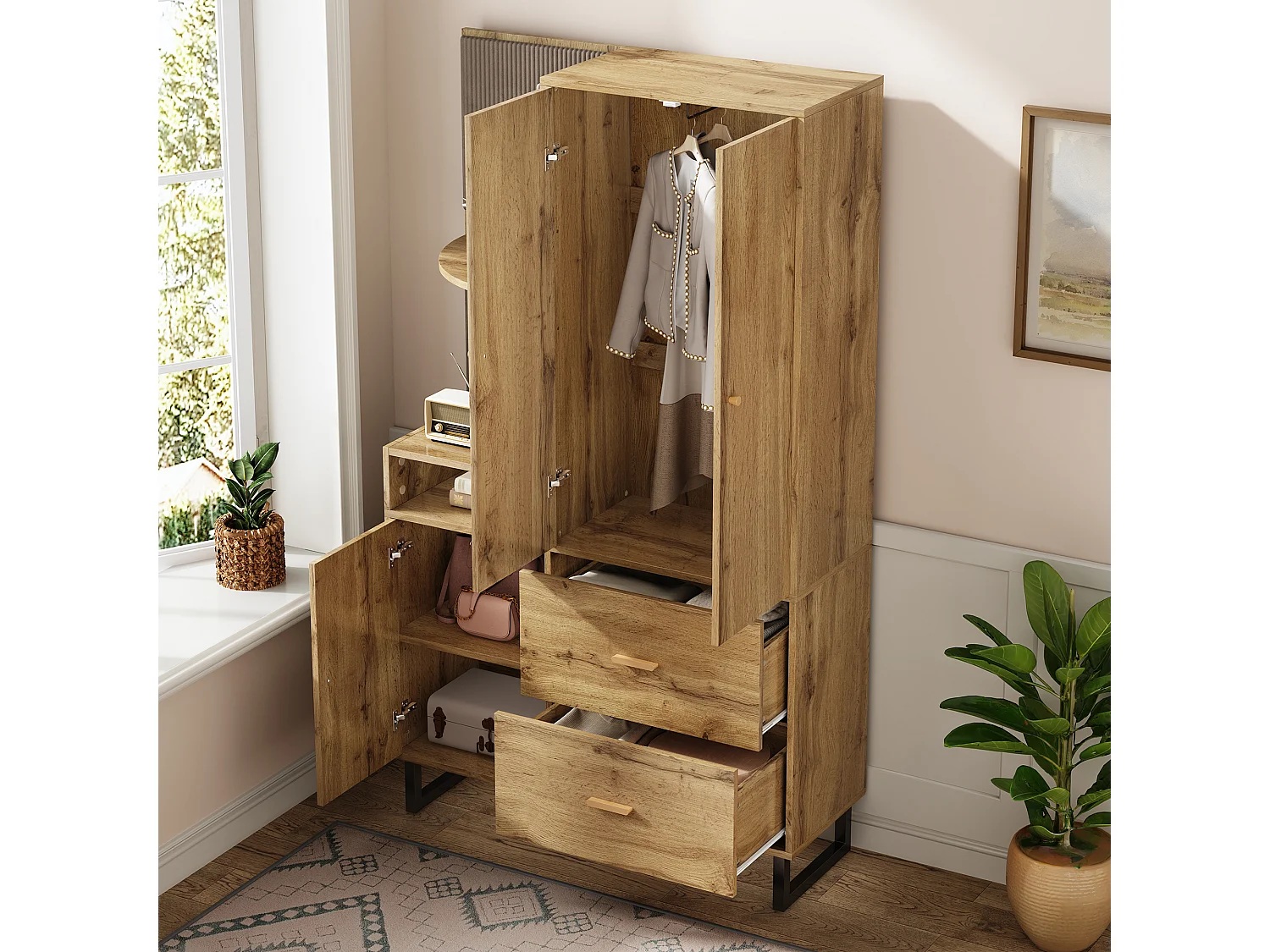 Vestiaire/armoires de couloir avec étagère + 2 tiroirs + 3 portes - 110 x 38 x 186 cm - MDF - naturel