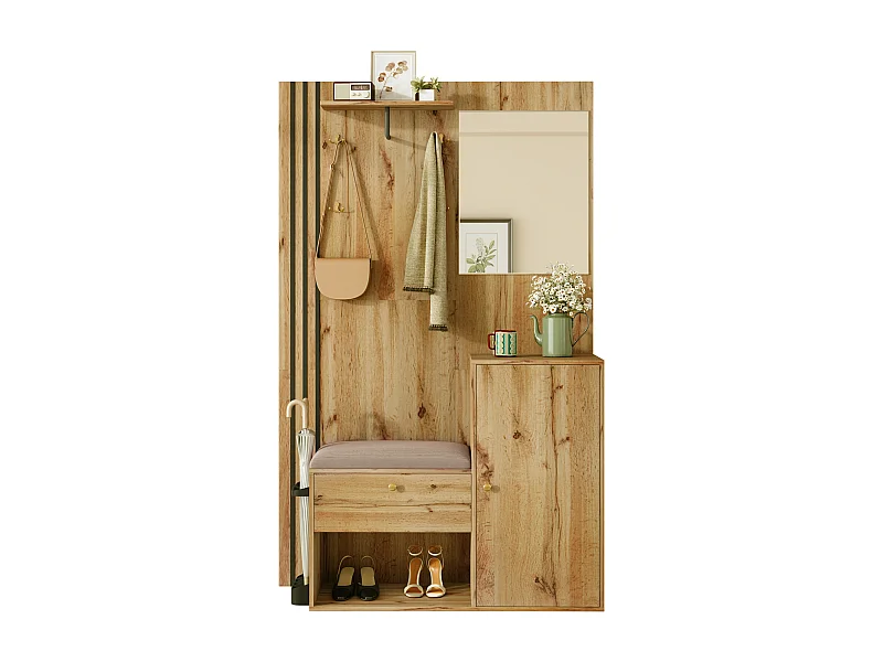 Vestiaire/ensemble de garde-robe avec miroir + coussin + meuble de chaussures - 115 x 37 x 185 cm - MDF - naturel