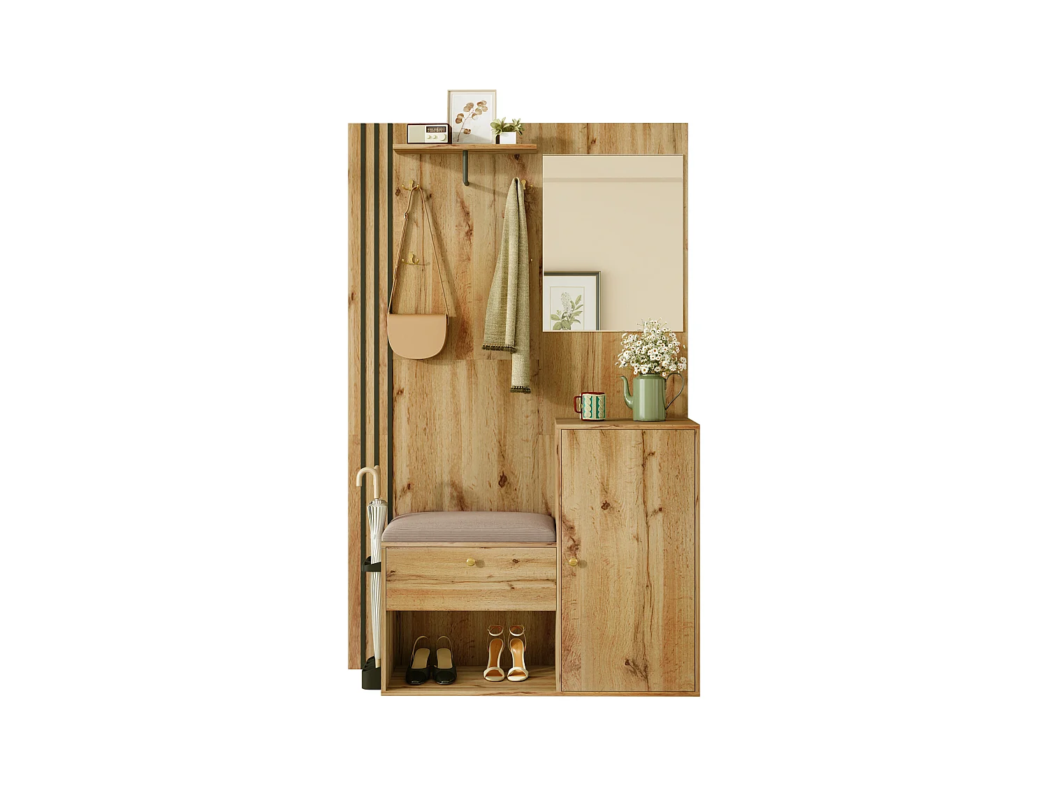 Vestiaire/ensemble de garde-robe avec miroir + coussin + meuble de chaussures - 115 x 37 x 185 cm - MDF - naturel