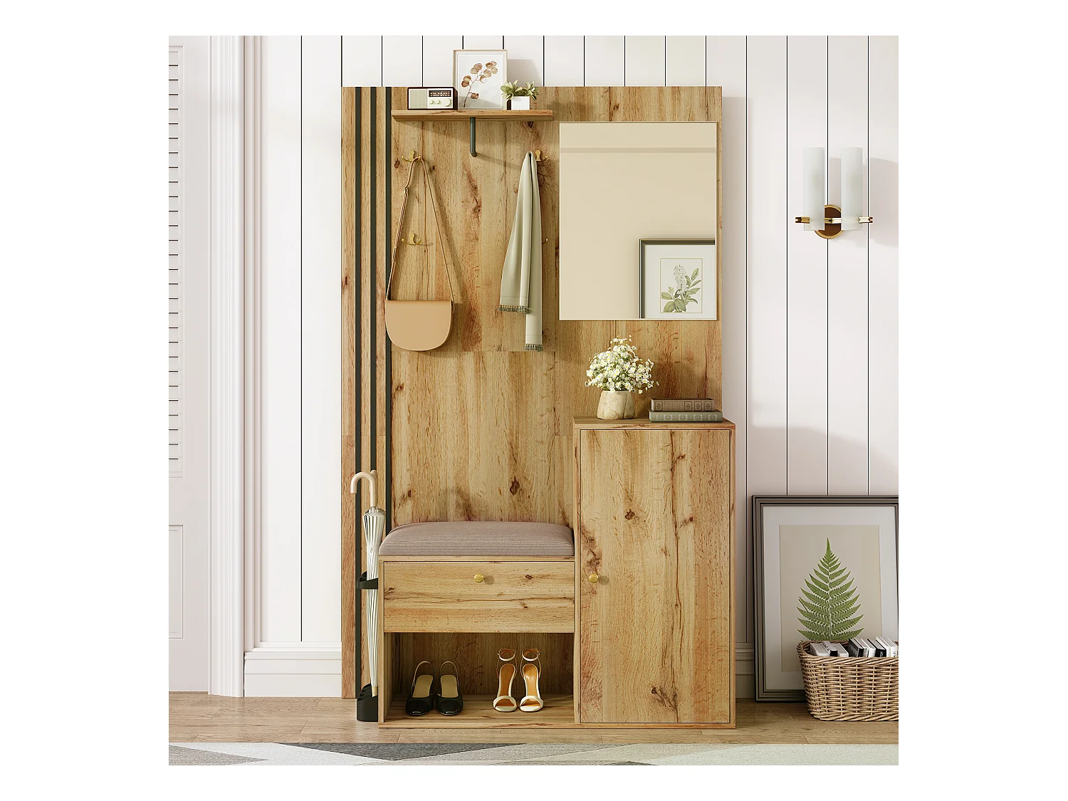 Vestiaire/ensemble de garde-robe avec miroir + coussin + meuble de chaussures - 115 x 37 x 185 cm - MDF - naturel