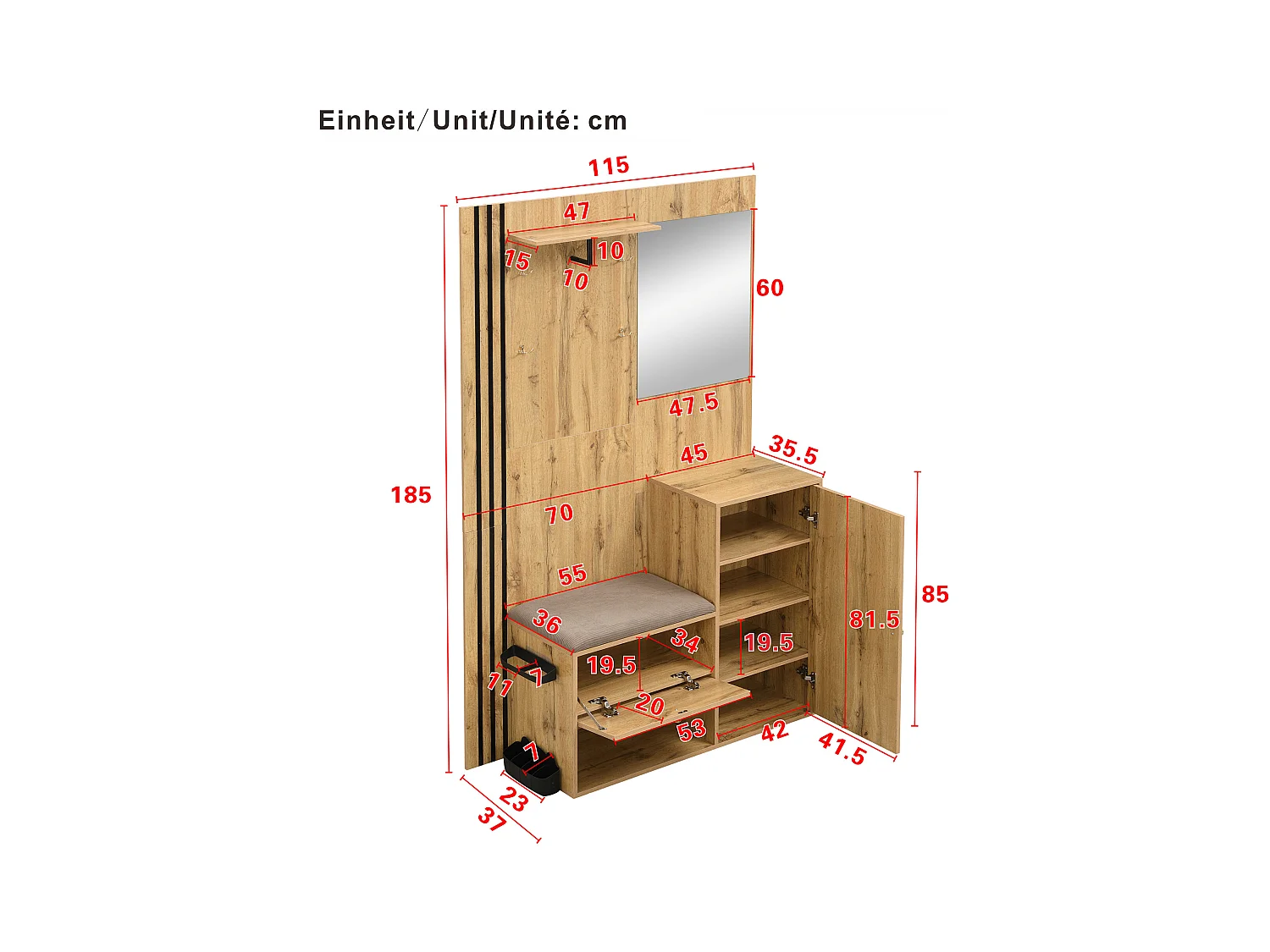 Vestiaire/ensemble de garde-robe avec miroir + coussin + meuble de chaussures - 115 x 37 x 185 cm - MDF - naturel