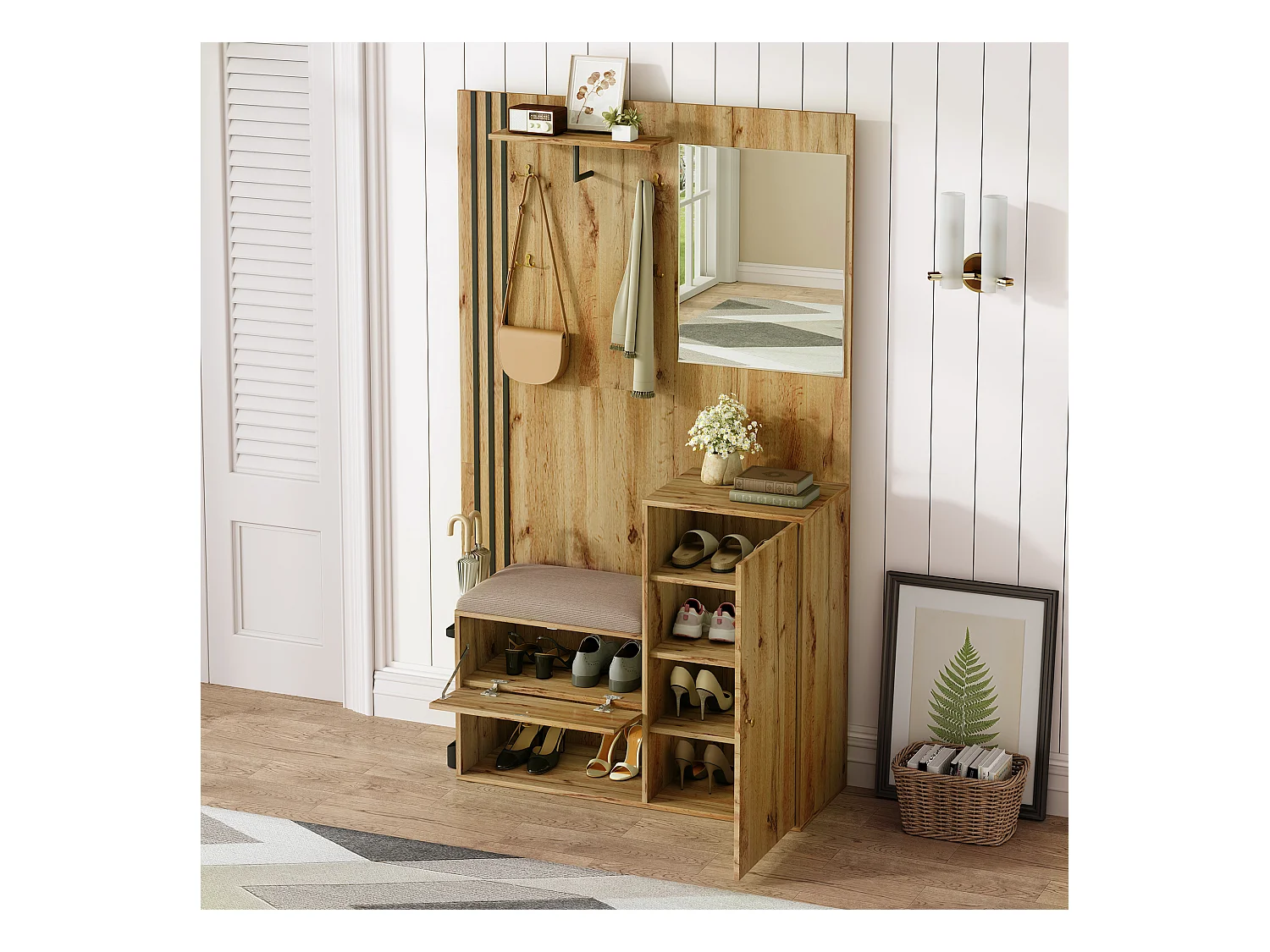 Vestiaire/ensemble de garde-robe avec miroir + coussin + meuble de chaussures - 115 x 37 x 185 cm - MDF - naturel