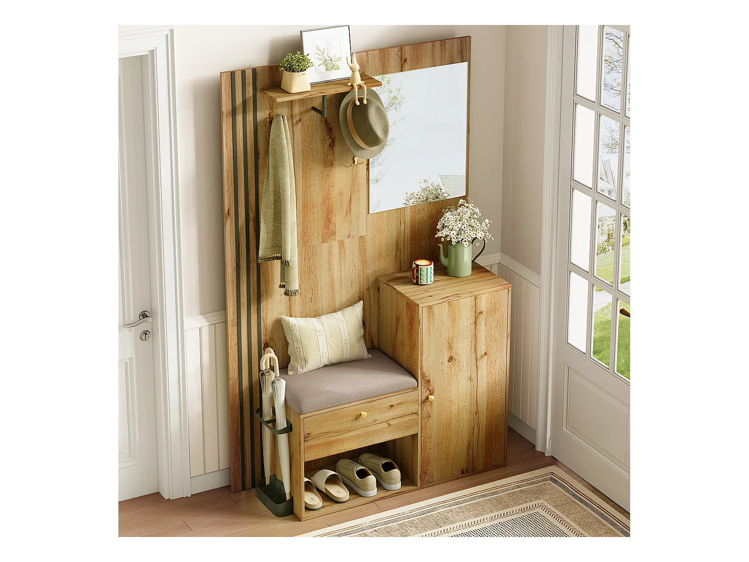 Vestiaire/ensemble de garde-robe avec miroir + coussin + meuble de chaussures - 115 x 37 x 185 cm - MDF - naturel