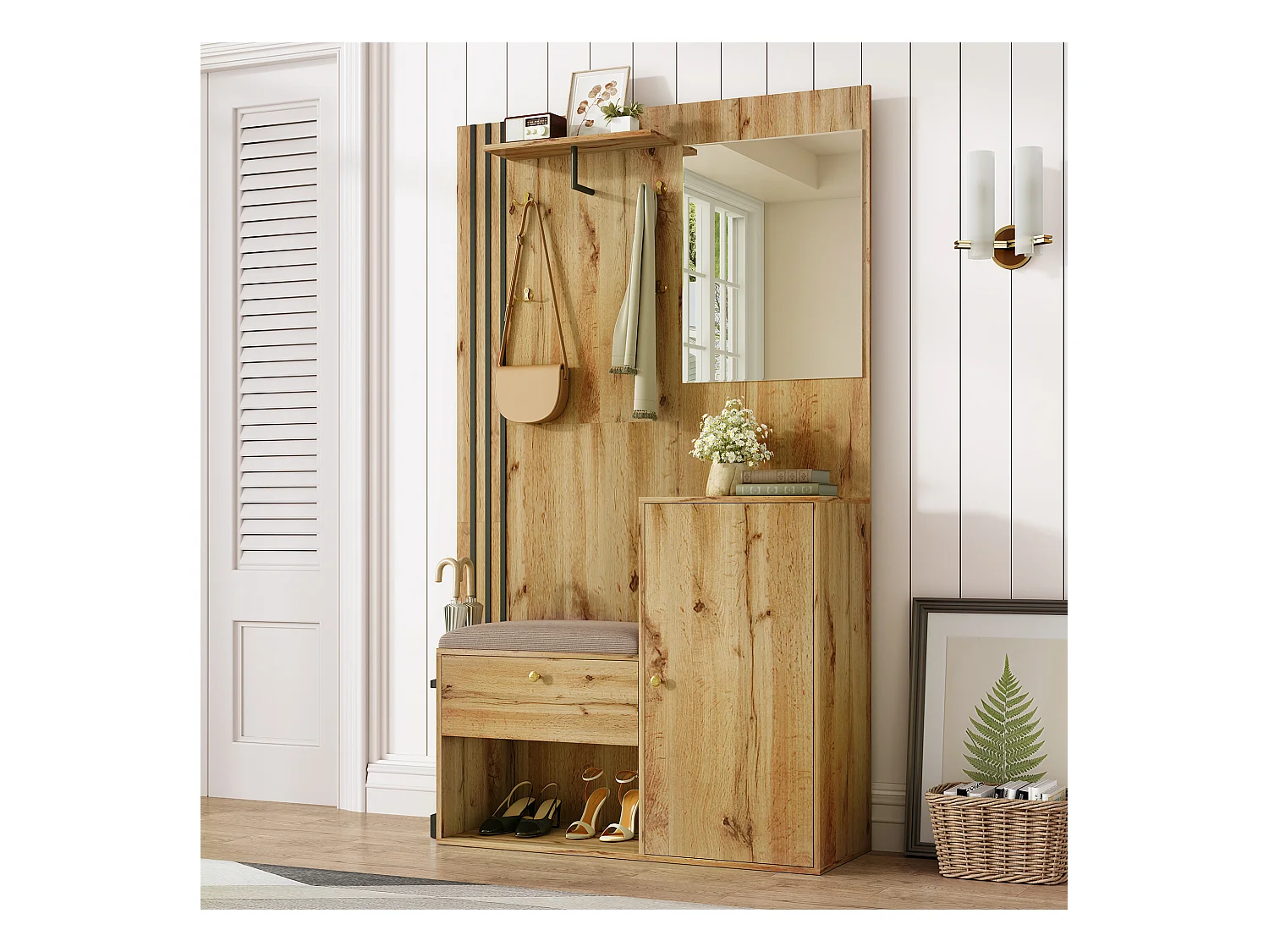 Vestiaire/ensemble de garde-robe avec miroir + coussin + meuble de chaussures - 115 x 37 x 185 cm - MDF - naturel