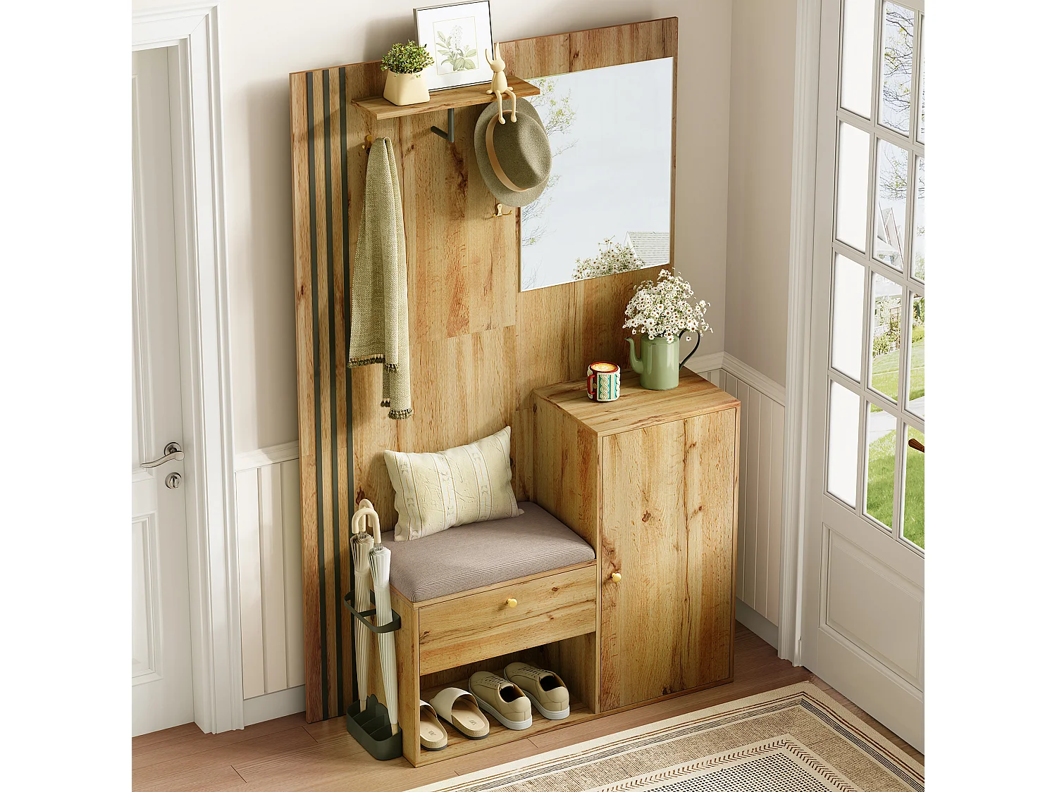 Vestiaire/ensemble de garde-robe avec miroir + coussin + meuble de chaussures - 115 x 37 x 185 cm - MDF - naturel