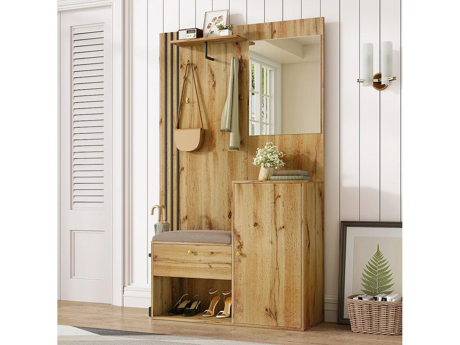 Vestiaire/ensemble de garde-robe avec miroir + coussin + meuble de chaussures - 115 x 37 x 185 cm - MDF - naturel