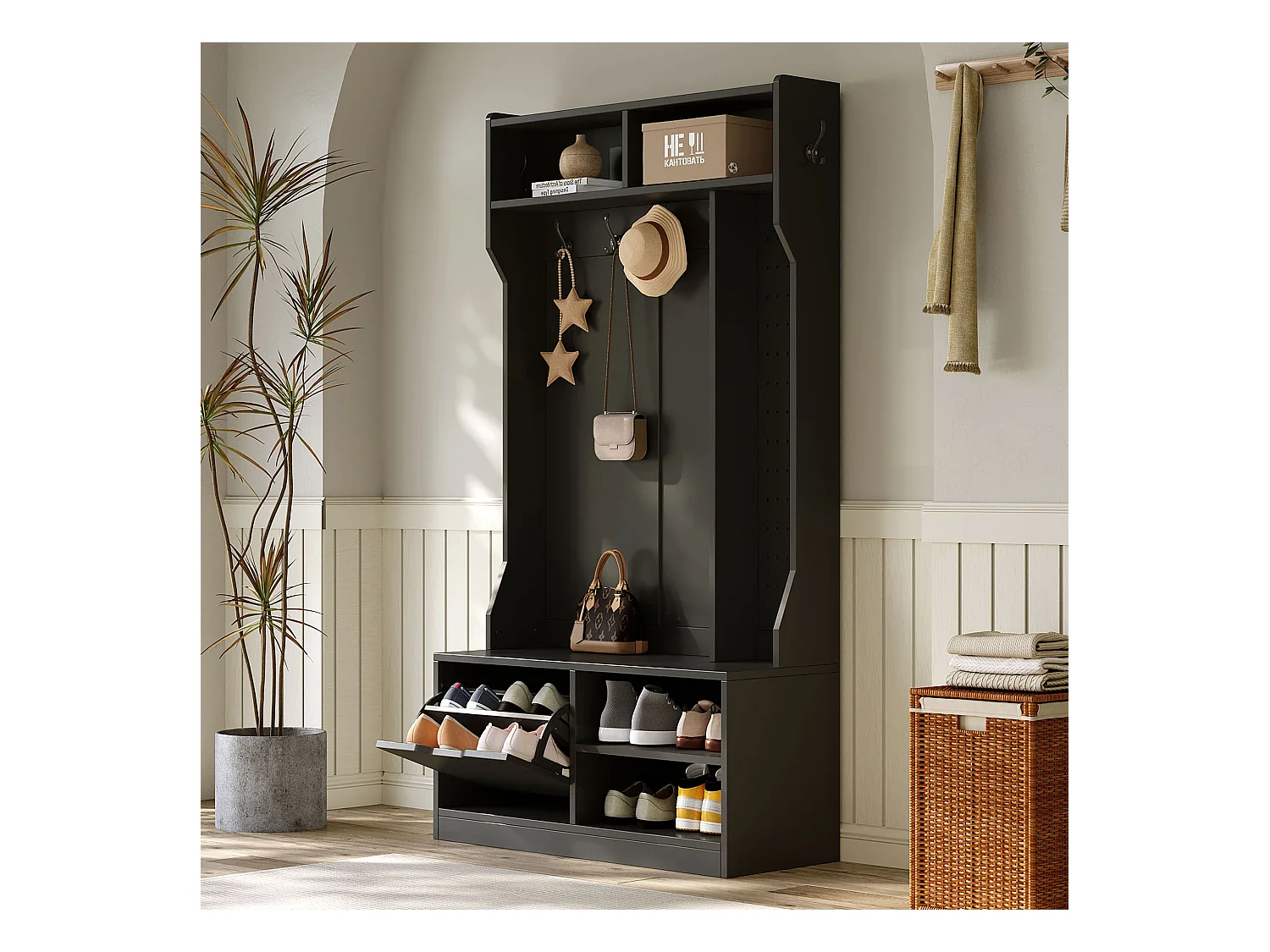 Vestiaire avec banc + 6 crochets + 1 porte + 4 rangement ouverts - 100 x 40 x 185.5 cm - aggloméré - noir