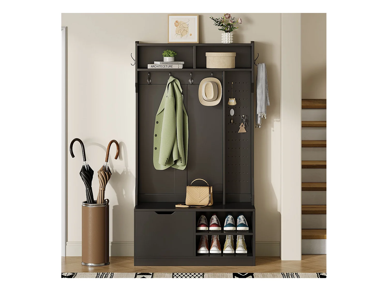 Vestiaire avec banc + 6 crochets + 1 porte + 4 rangement ouverts - 100 x 40 x 185.5 cm - aggloméré - noir