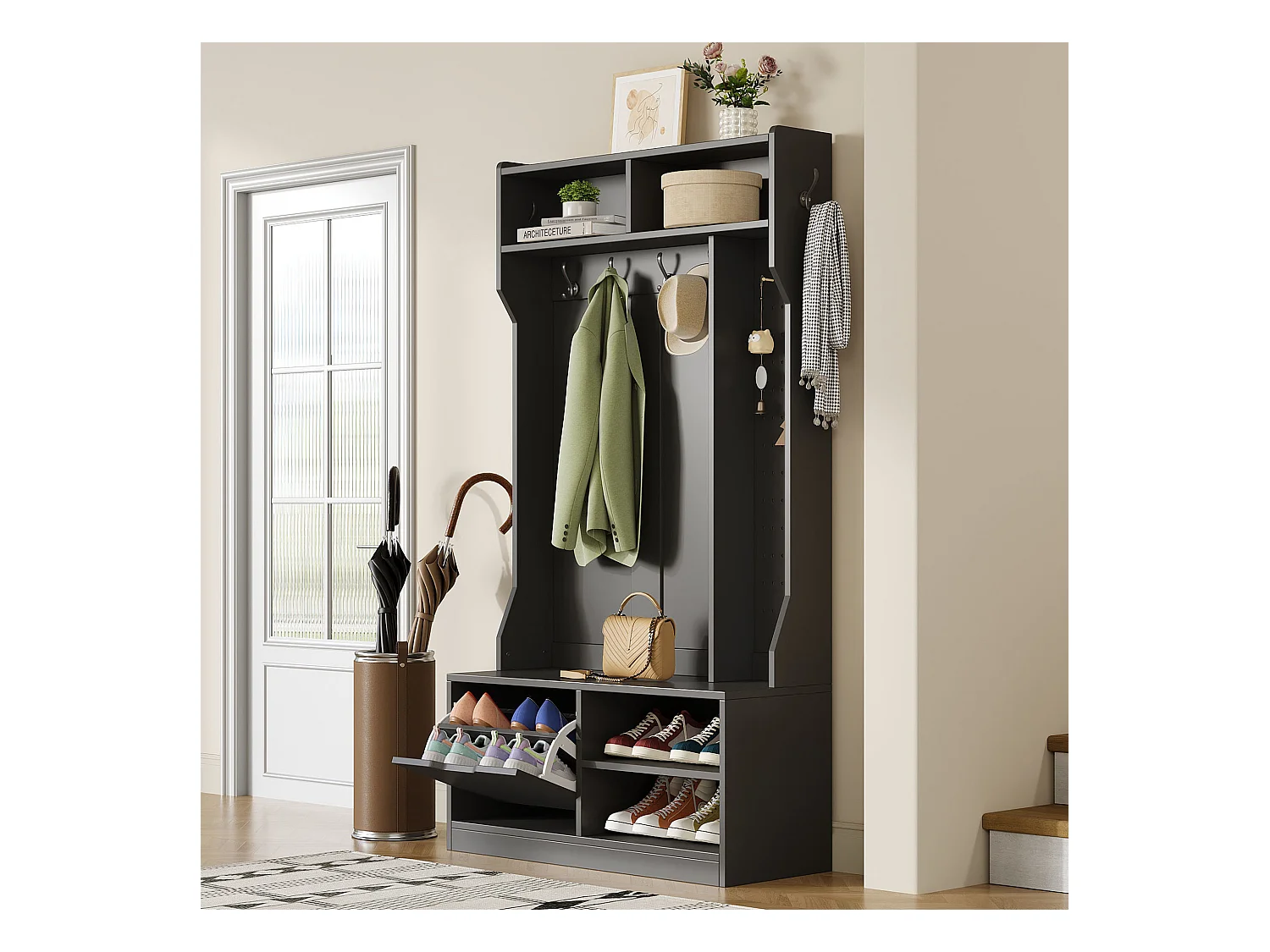 Vestiaire avec banc + 6 crochets + 1 porte + 4 rangement ouverts - 100 x 40 x 185.5 cm - aggloméré - noir