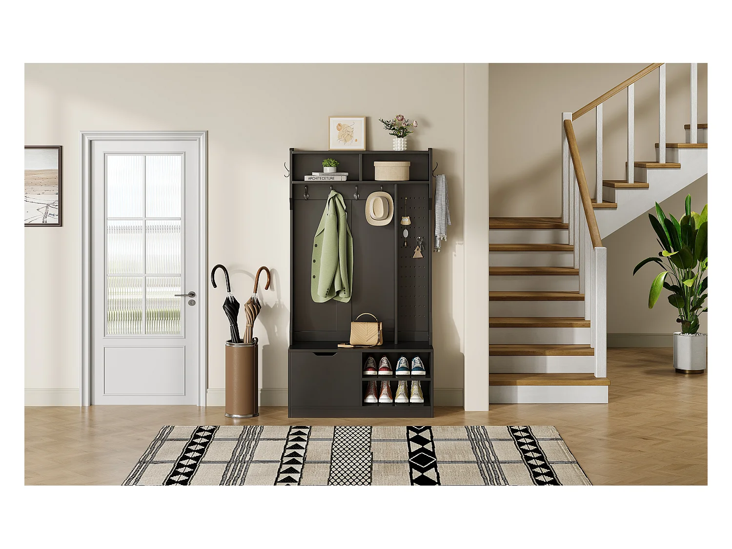 Vestiaire avec banc + 6 crochets + 1 porte + 4 rangement ouverts - 100 x 40 x 185.5 cm - aggloméré - noir