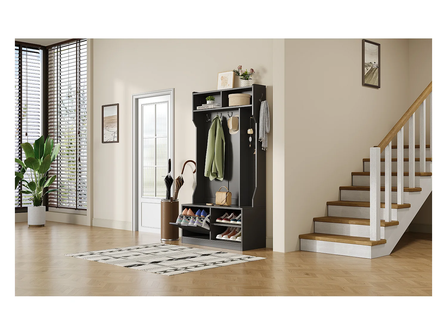 Vestiaire avec banc + 6 crochets + 1 porte + 4 rangement ouverts - 100 x 40 x 185.5 cm - aggloméré - noir