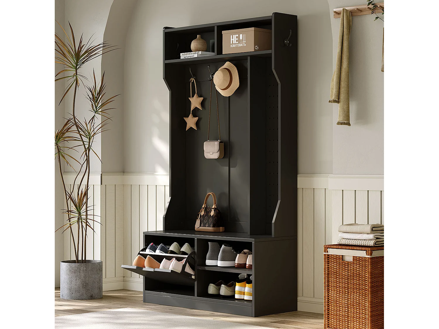 Vestiaire avec banc + 6 crochets + 1 porte + 4 rangement ouverts - 100 x 40 x 185.5 cm - aggloméré - noir