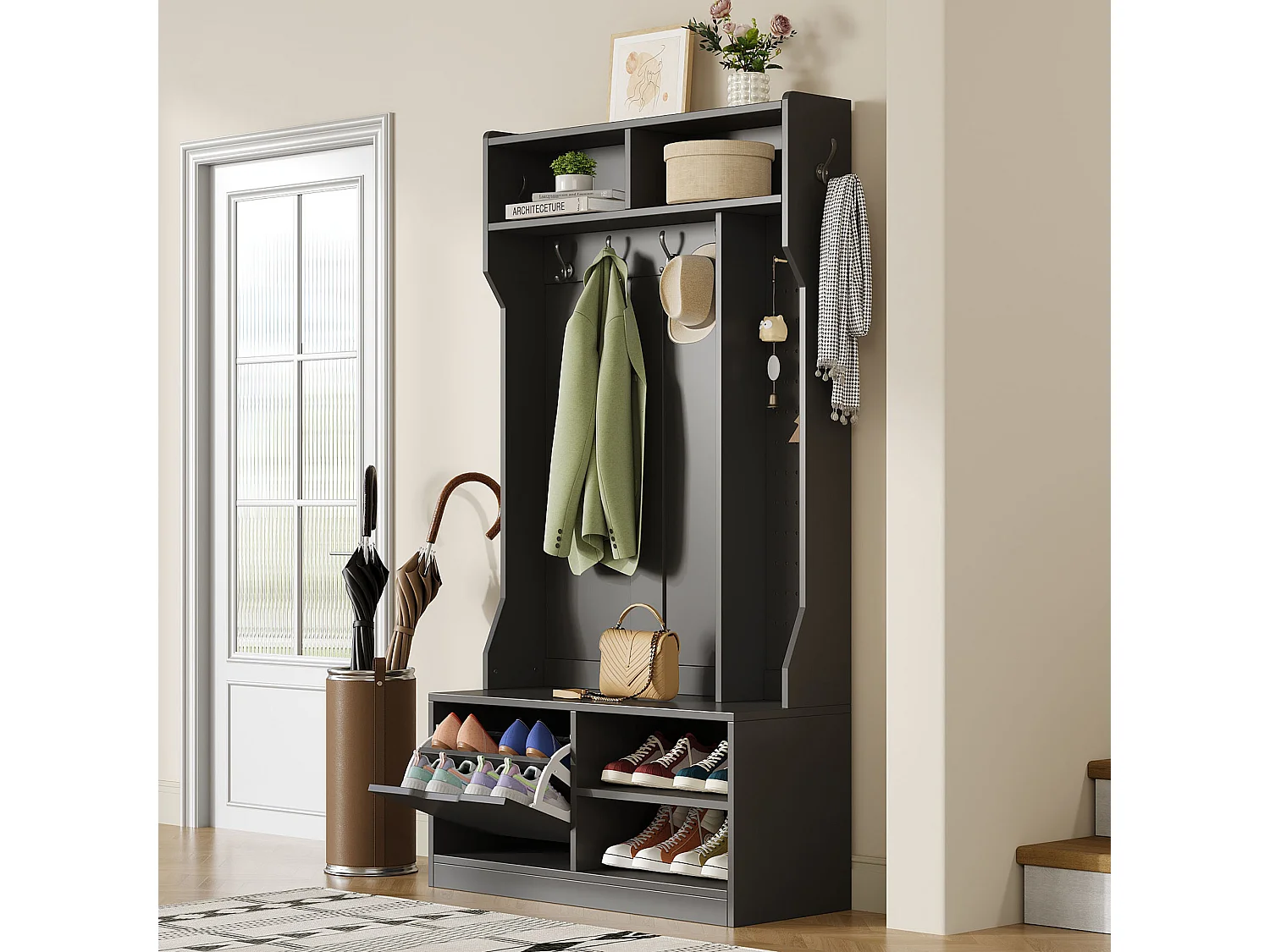 Vestiaire avec banc + 6 crochets + 1 porte + 4 rangement ouverts - 100 x 40 x 185.5 cm - aggloméré - noir