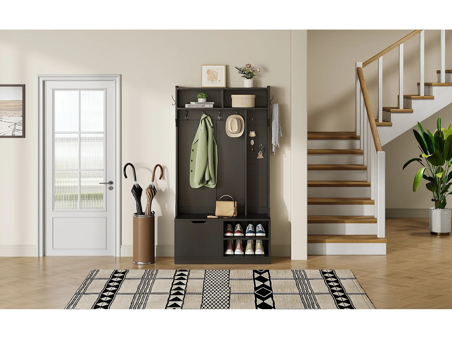 Vestiaire avec banc + 6 crochets + 1 porte + 4 rangement ouverts - 100 x 40 x 185.5 cm - aggloméré - noir