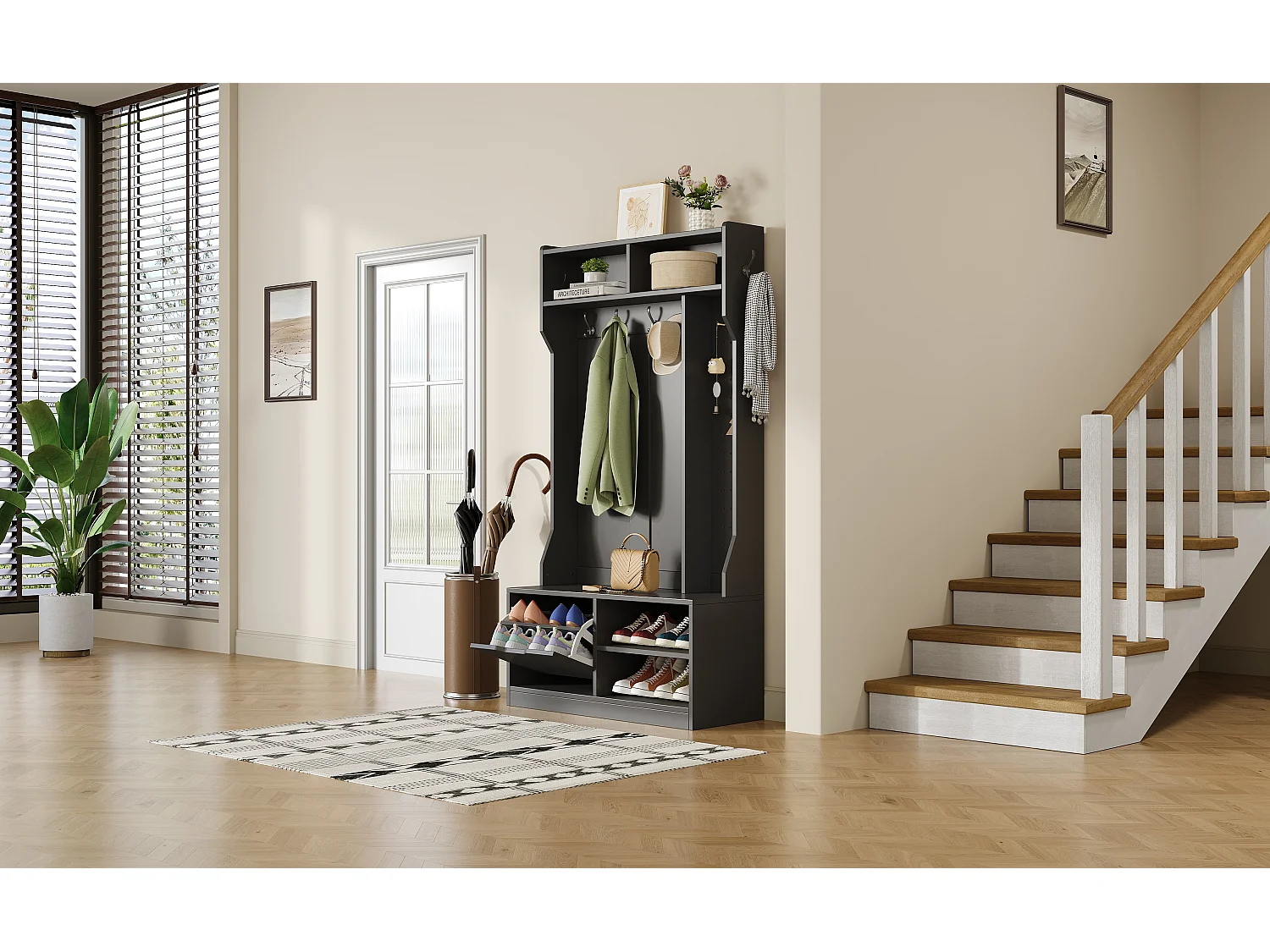 Vestiaire avec banc + 6 crochets + 1 porte + 4 rangement ouverts - 100 x 40 x 185.5 cm - aggloméré - noir