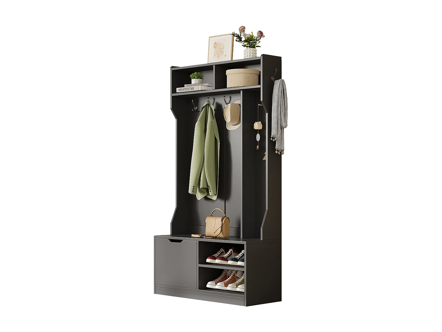 Vestiaire avec banc + 6 crochets + 1 porte + 4 rangement ouverts - 100 x 40 x 185.5 cm - aggloméré - noir