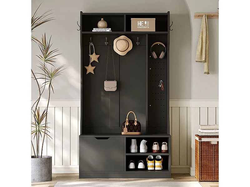 Vestiaire avec banc + 6 crochets + 1 porte + 4 rangement ouverts - 100 x 40 x 185.5 cm - aggloméré - noir