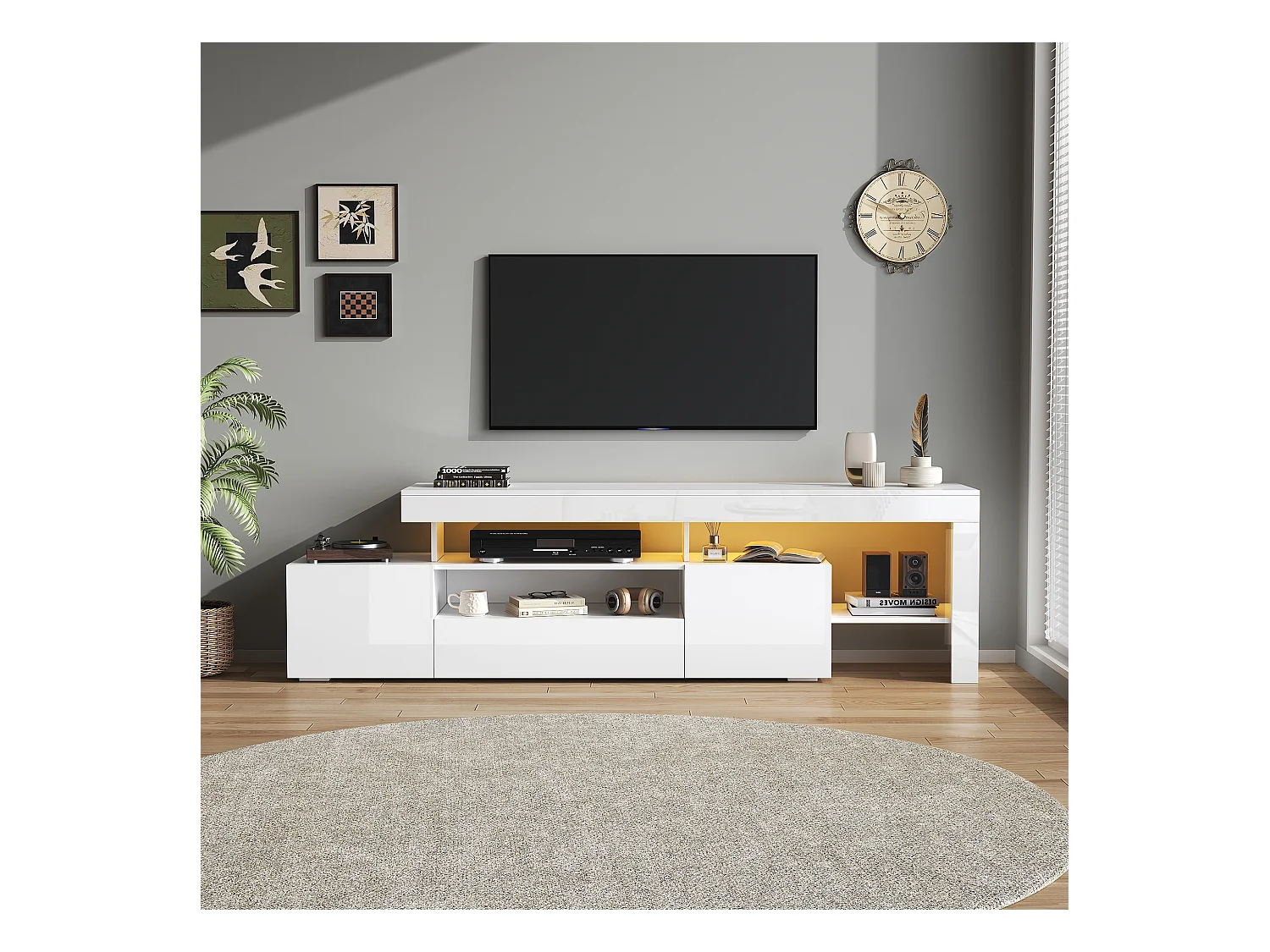 Meuble TV brillant avec Leds - 192 x 37 x 53 cm - avec 3 portes - pour TV 85 pouces - aggloméré -  blanc