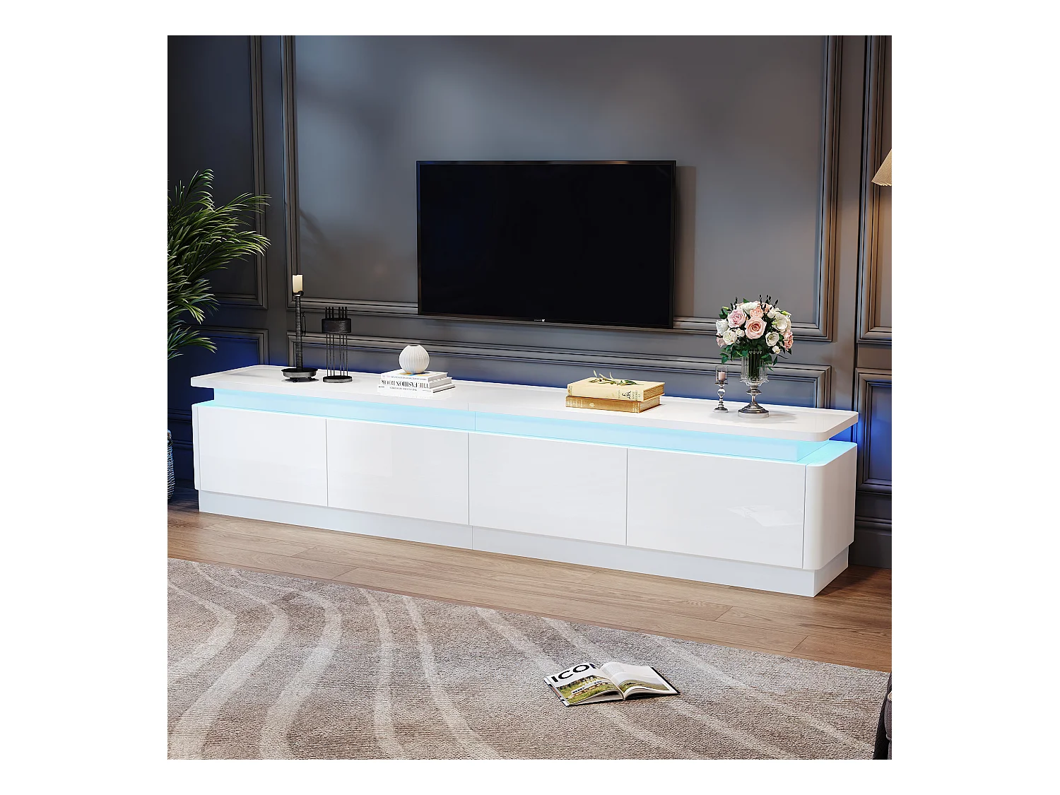 Meuble TV brillant avec Leds + 4 tiroirs - 180 x 34 x 40cm - pour TV 80 pouces - aggloméré - blanc