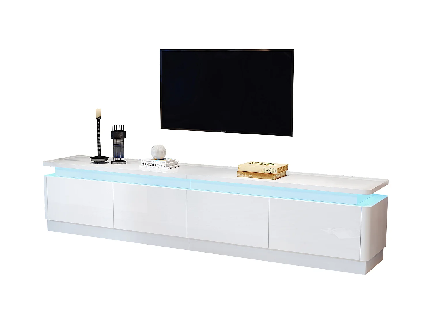 Meuble TV brillant avec Leds + 4 tiroirs - 180 x 34 x 40cm - pour TV 80 pouces - aggloméré - blanc