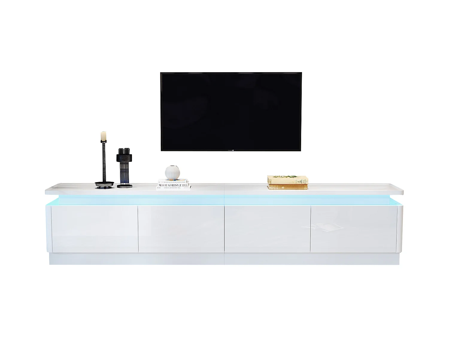 Meuble TV brillant avec Leds + 4 tiroirs - 180 x 34 x 40cm - pour TV 80 pouces - aggloméré - blanc